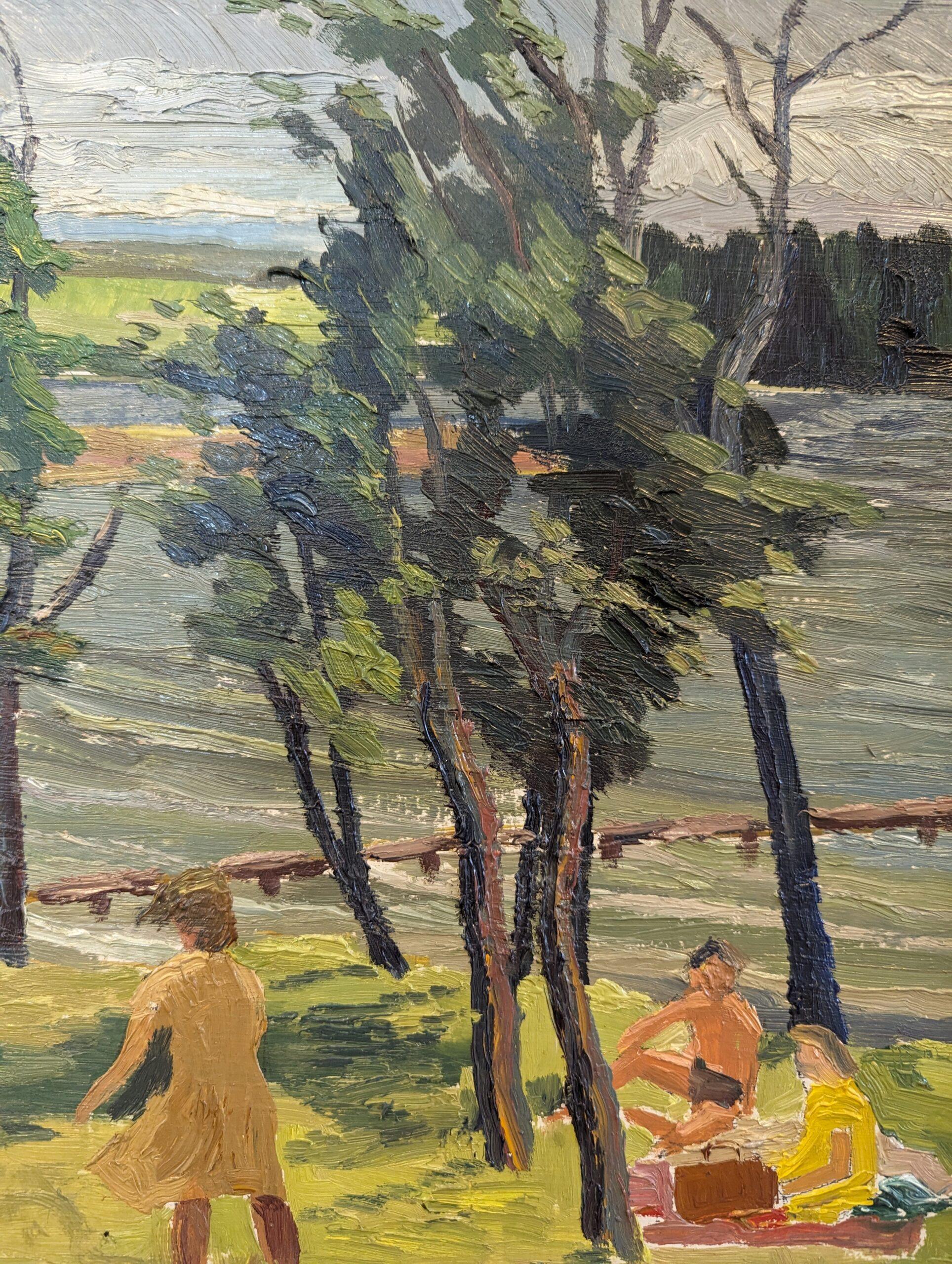 1950 Vintage Mid-Century Modern Expressive Landscape Oil Painting - Lakeside Joy For Sale 10