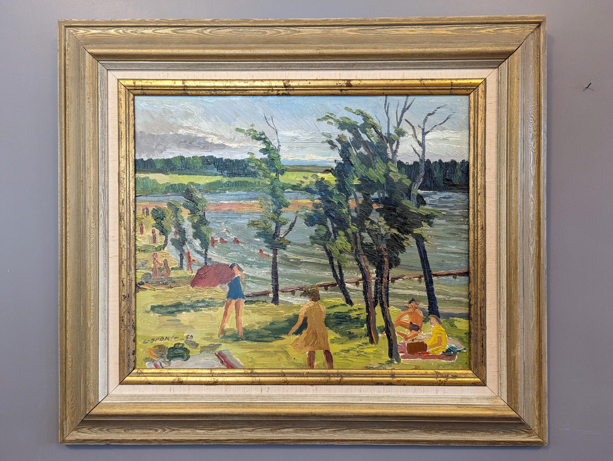 LAKESIDE JOY
Size: 58 x 66 cm (including frame)
Oil on Board

An expressive mid-century landscape composition that captures a carefree atmosphere of a perfect day spent by the lakeside, executed in oil and dated 1950.

The painting depicts a serene