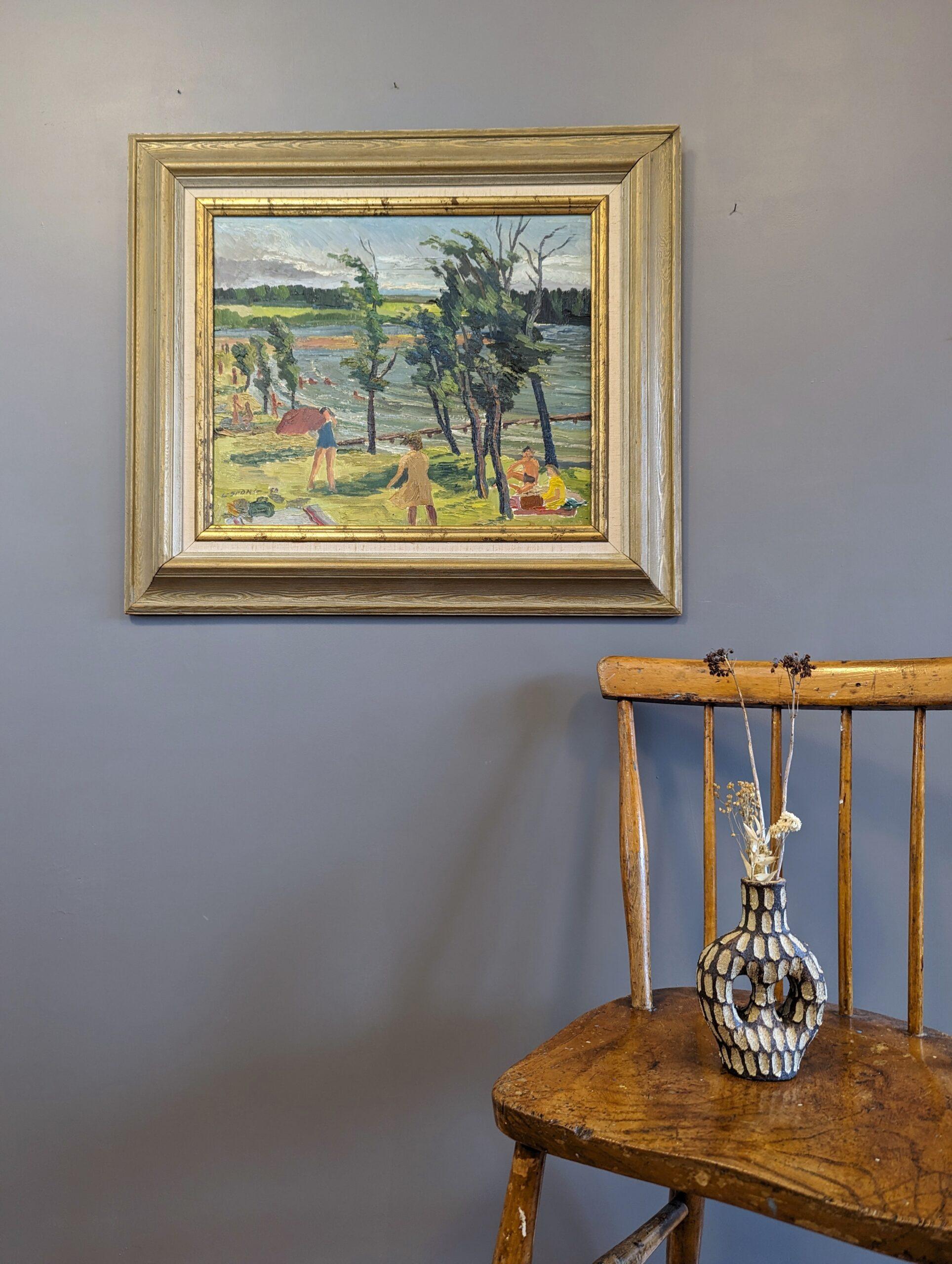 1950 Vintage Mid-Century Modern Expressive Landscape Oil Painting - Lakeside Joy For Sale 1