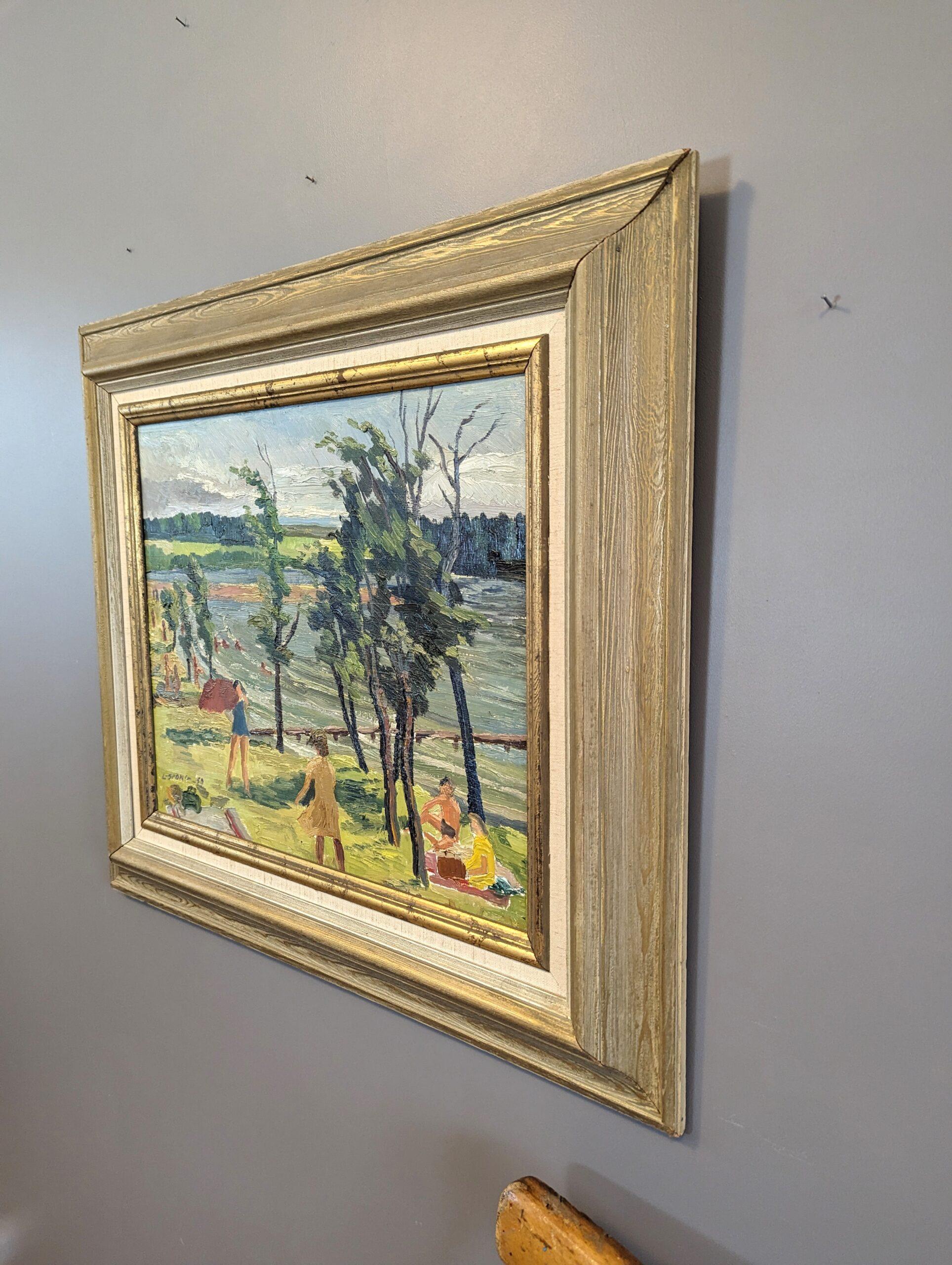 1950 Vintage Mid-Century Modern Expressive Landscape Oil Painting - Lakeside Joy For Sale 3