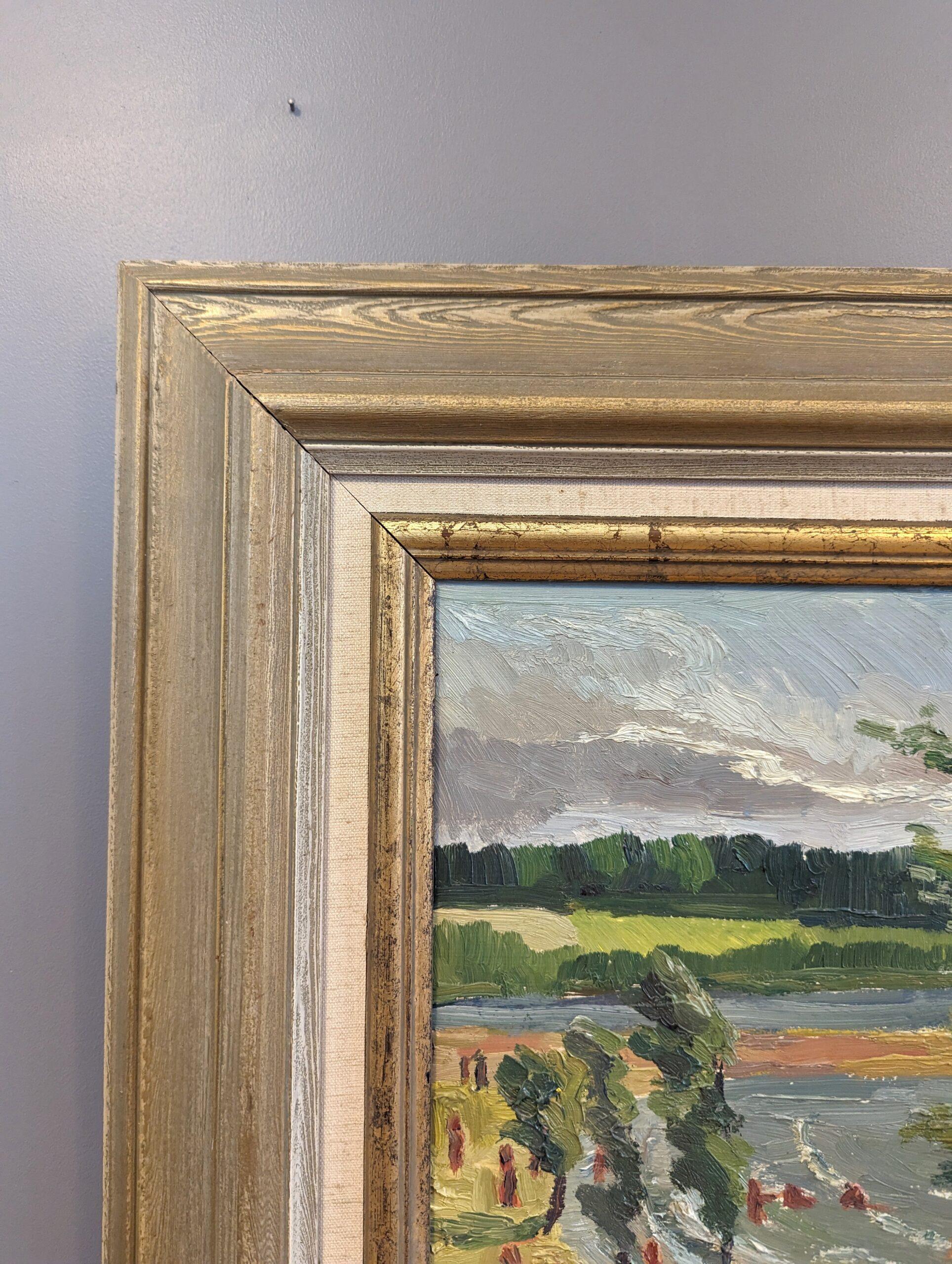 1950 Vintage Mid-Century Modern Expressive Landscape Oil Painting - Lakeside Joy For Sale 4