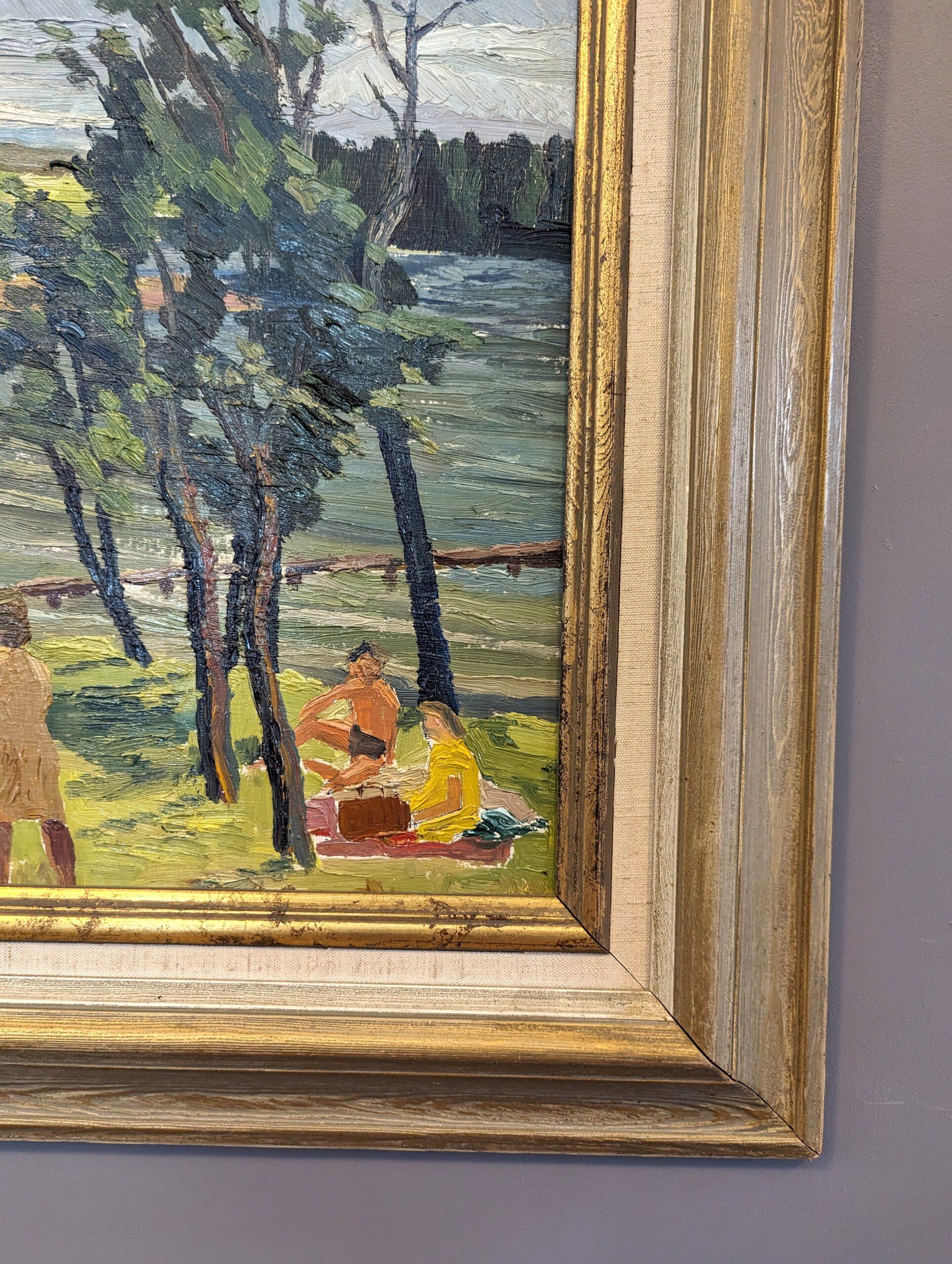 1950 Vintage Mid-Century Modern Expressive Landscape Oil Painting - Lakeside Joy For Sale 6