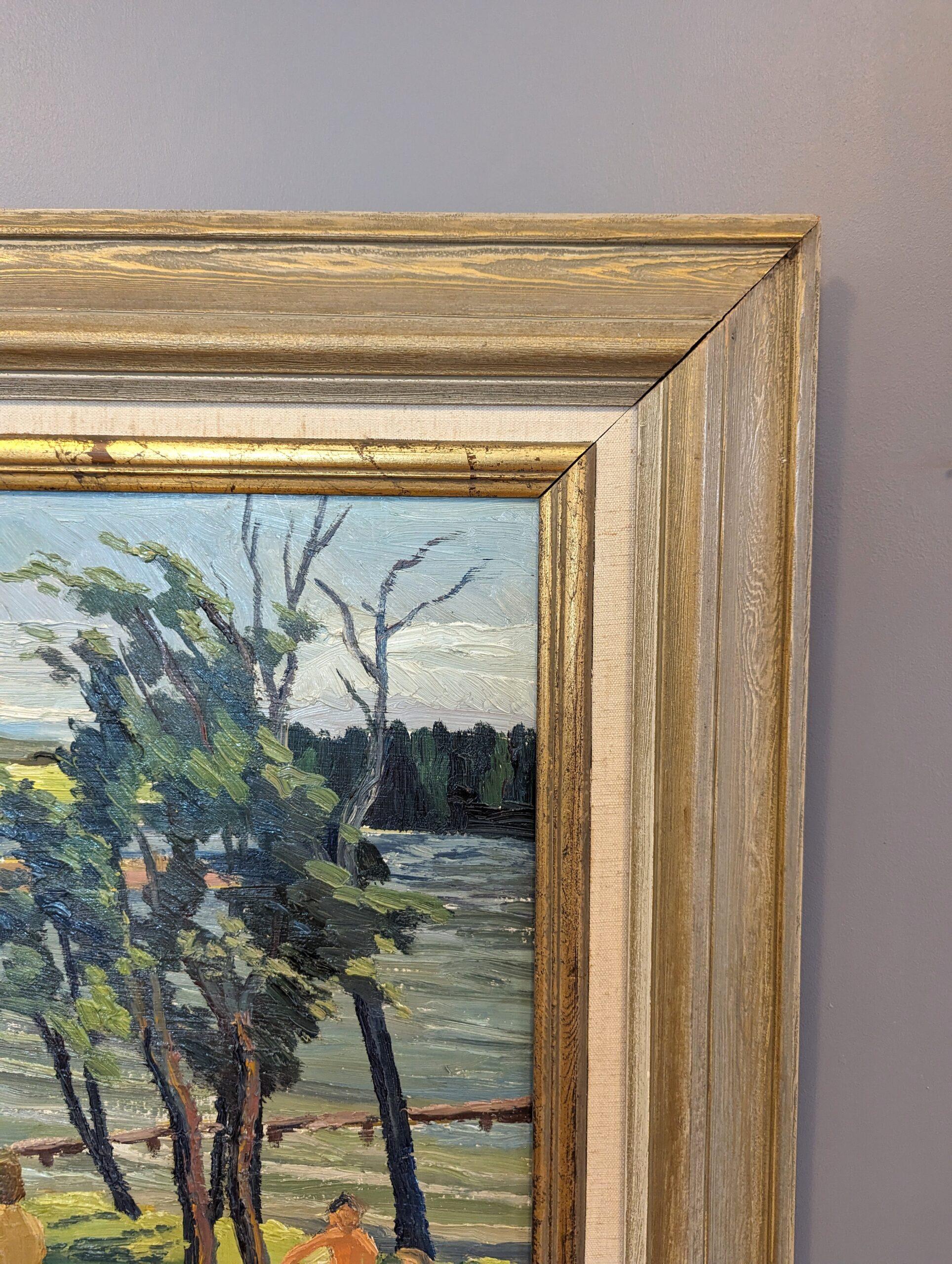 1950 Vintage Mid-Century Modern Expressive Landscape Oil Painting - Lakeside Joy For Sale 7