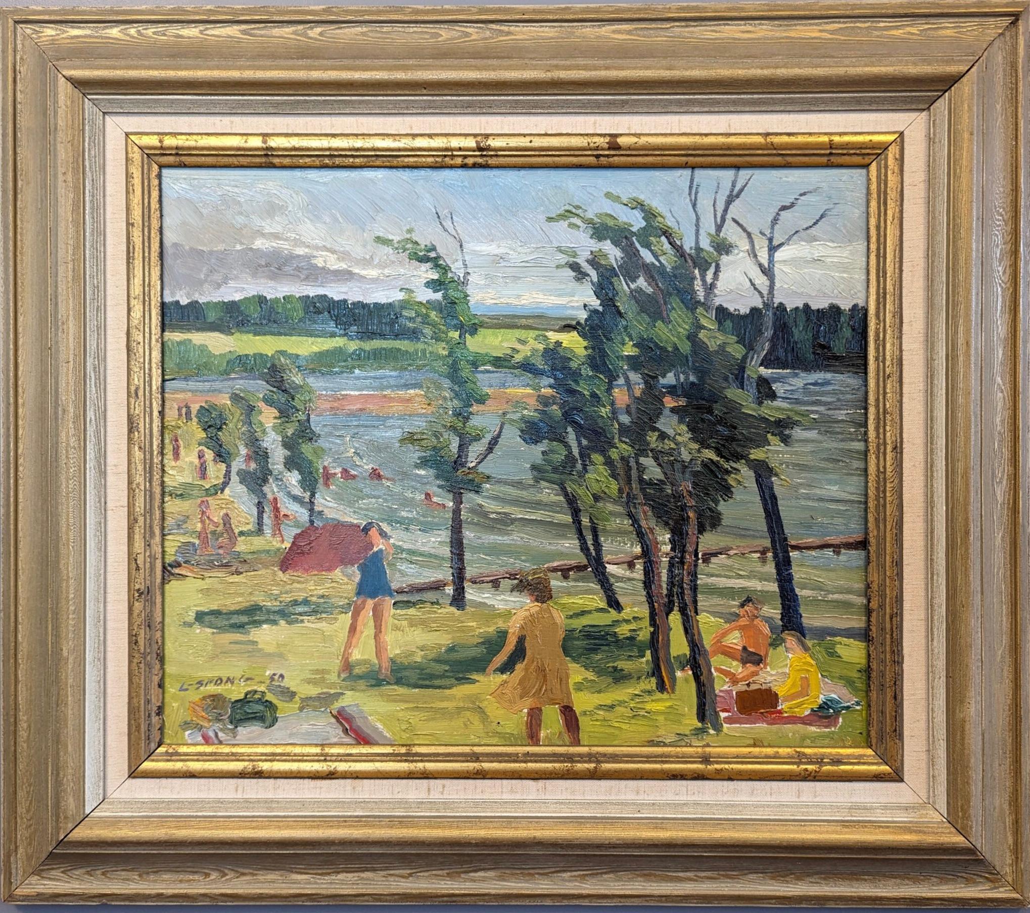 Unknown Landscape Painting - 1950 Vintage Mid-Century Modern Expressive Landscape Oil Painting - Lakeside Joy