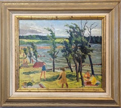 1950 Vintage Mid-Century Modern Expressive Landscape Oil Painting - Lakeside Joy