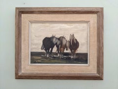 1950 Vintage Mid Century Modern Swedish Oil Painting, Framed - Trio of Horses