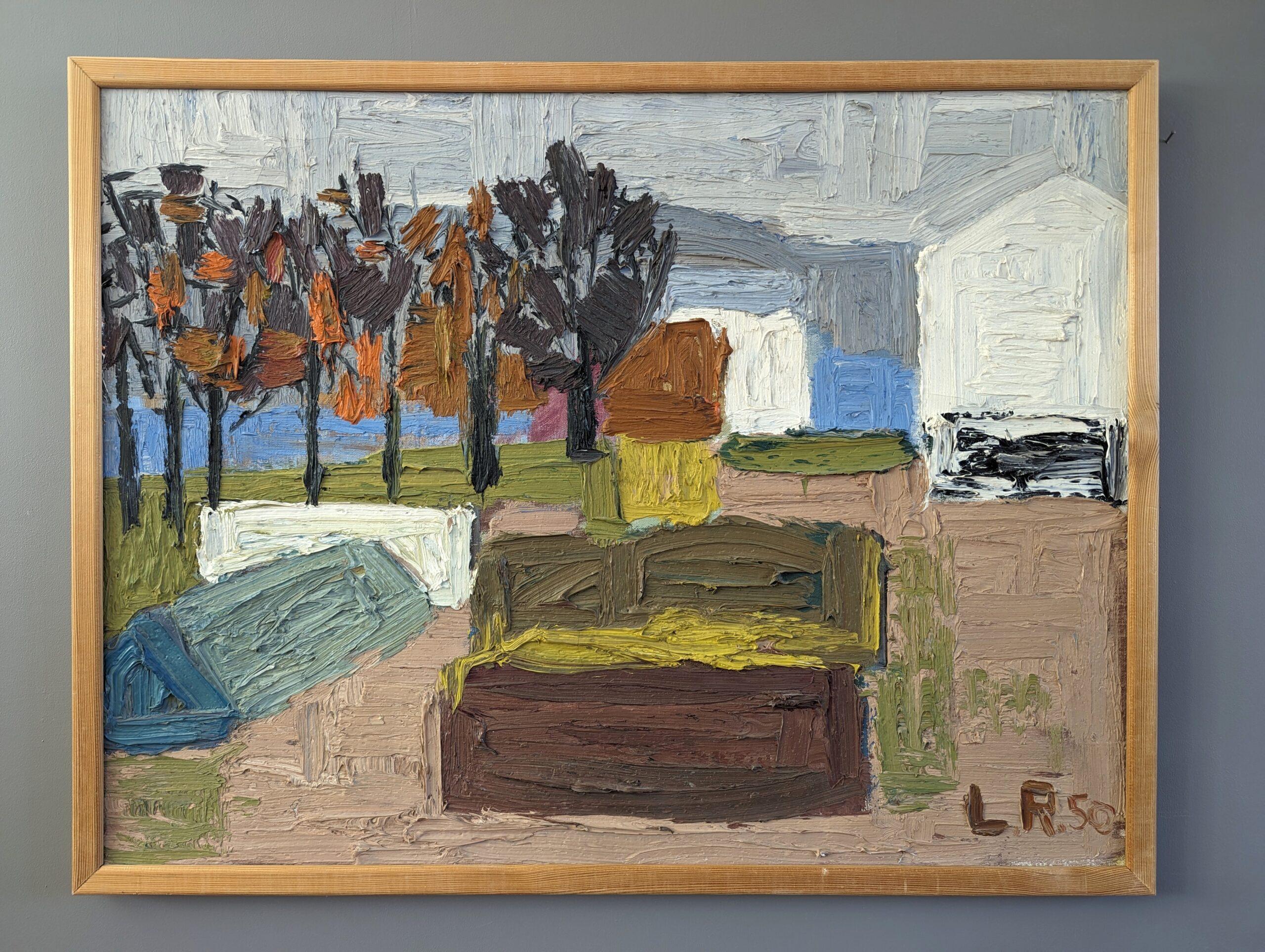 GARDEN PLOT
Size: 56.5 x 73.5 cm (including frame)
Oil on Canvas

A vibrant and richly textured mid-century composition in oil, painted onto canvas and dated 1950.

In this composition, we see a small plot of gardening land, framed by a row of trees
