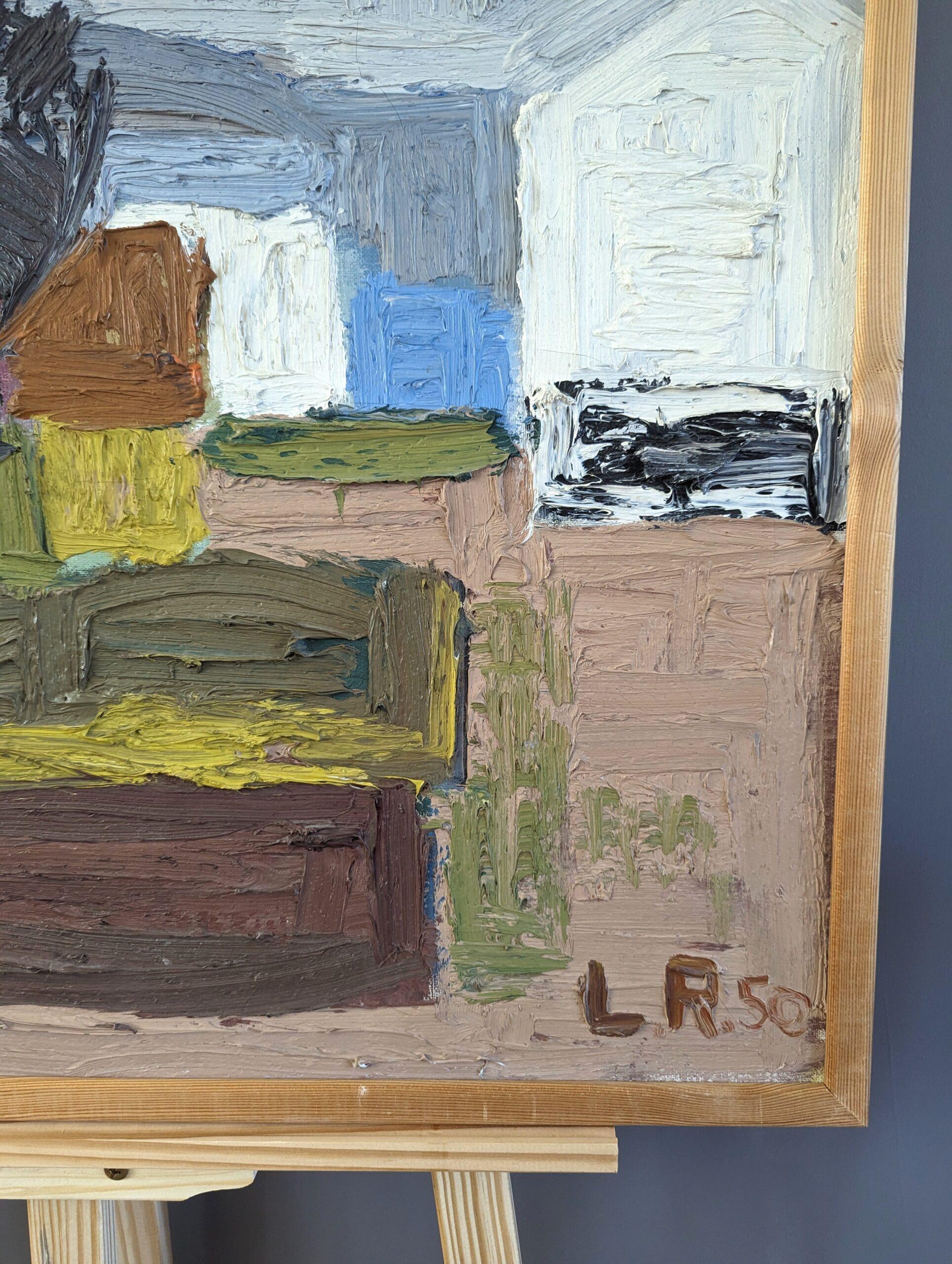 1950 Vintage Mid-Century Swedish Abstract Landscape Oil Painting - Garden Plot For Sale 6