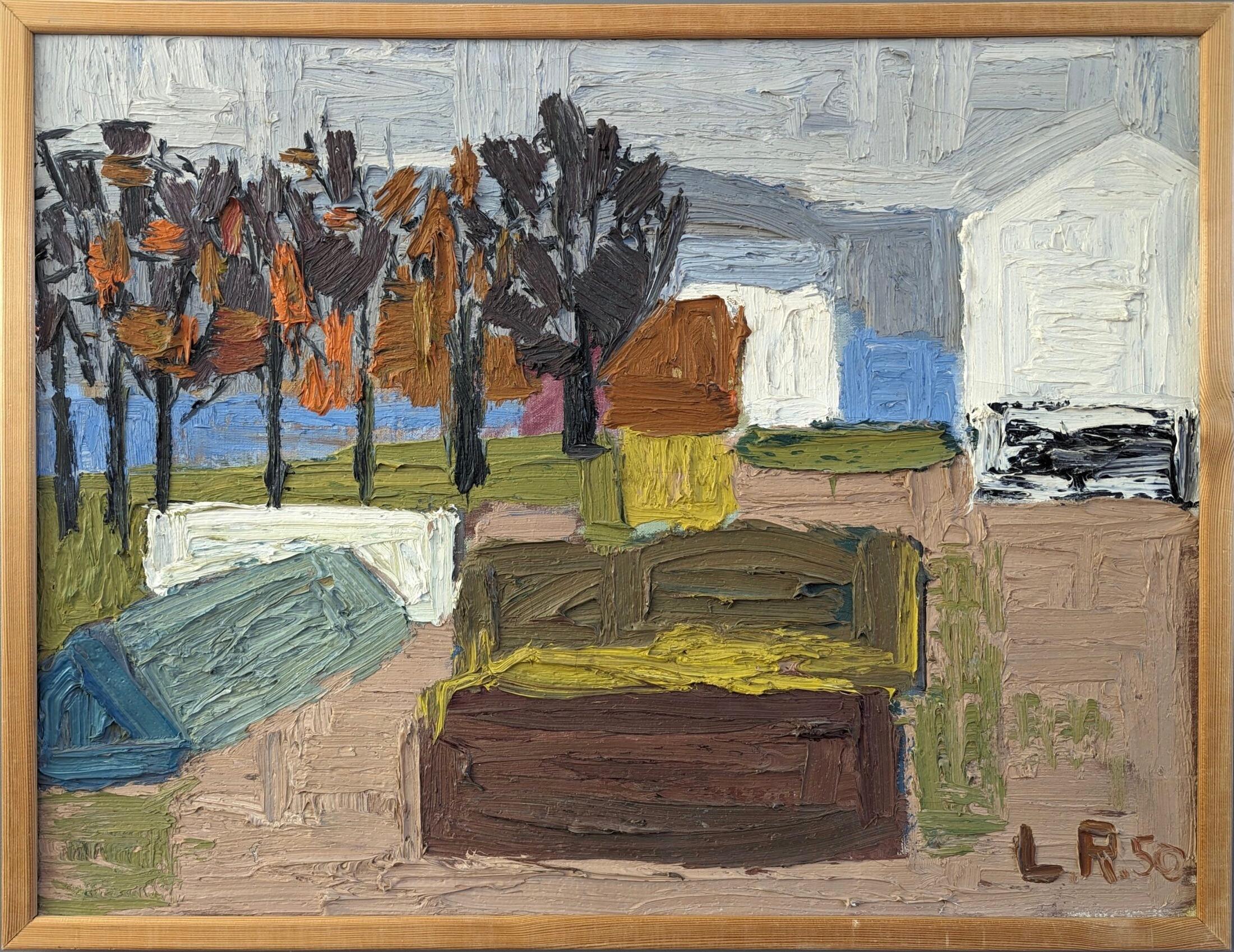 Unknown Abstract Painting – Schwedische abstrakte Landschaft, Vintage-Ölgemälde, Mid-Century, Vintage, Ölgemälde, Garten plot, 1950