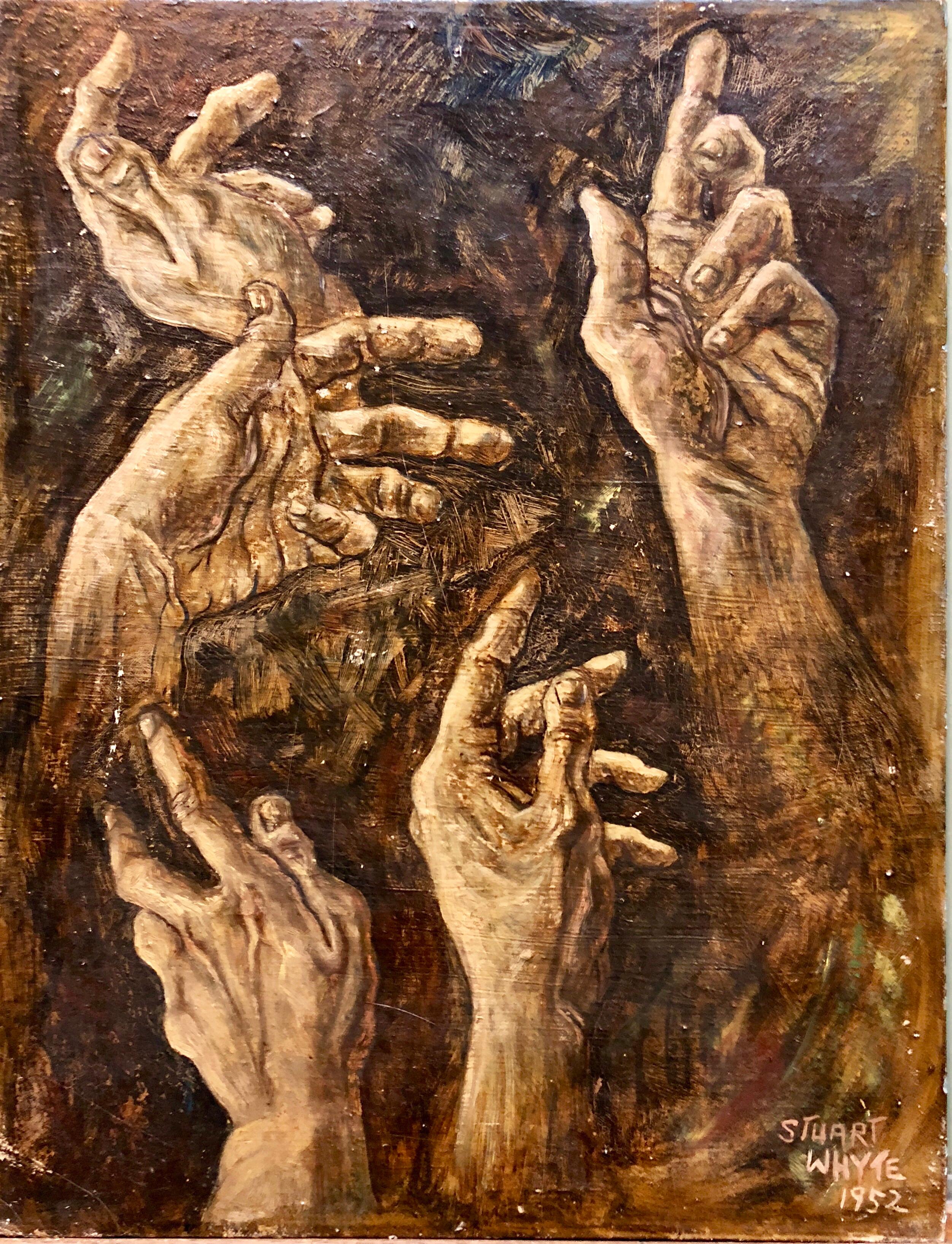 Unknown Figurative Painting - 1950s Academic Realistic Study of Hands Oil Painting Signed Stuart Whyte