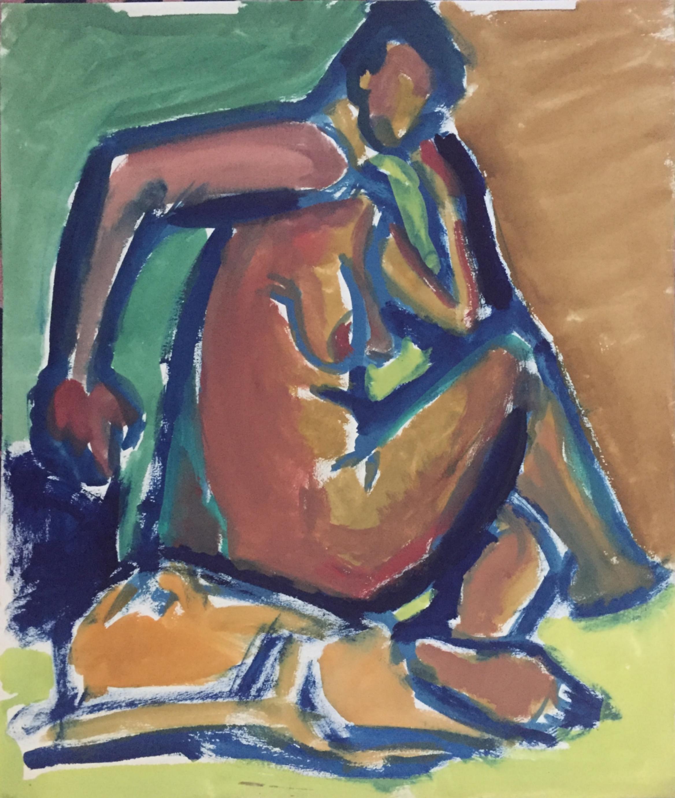 Unknown Nude Painting - 1950s "Curled" Figurative Gouache Painting