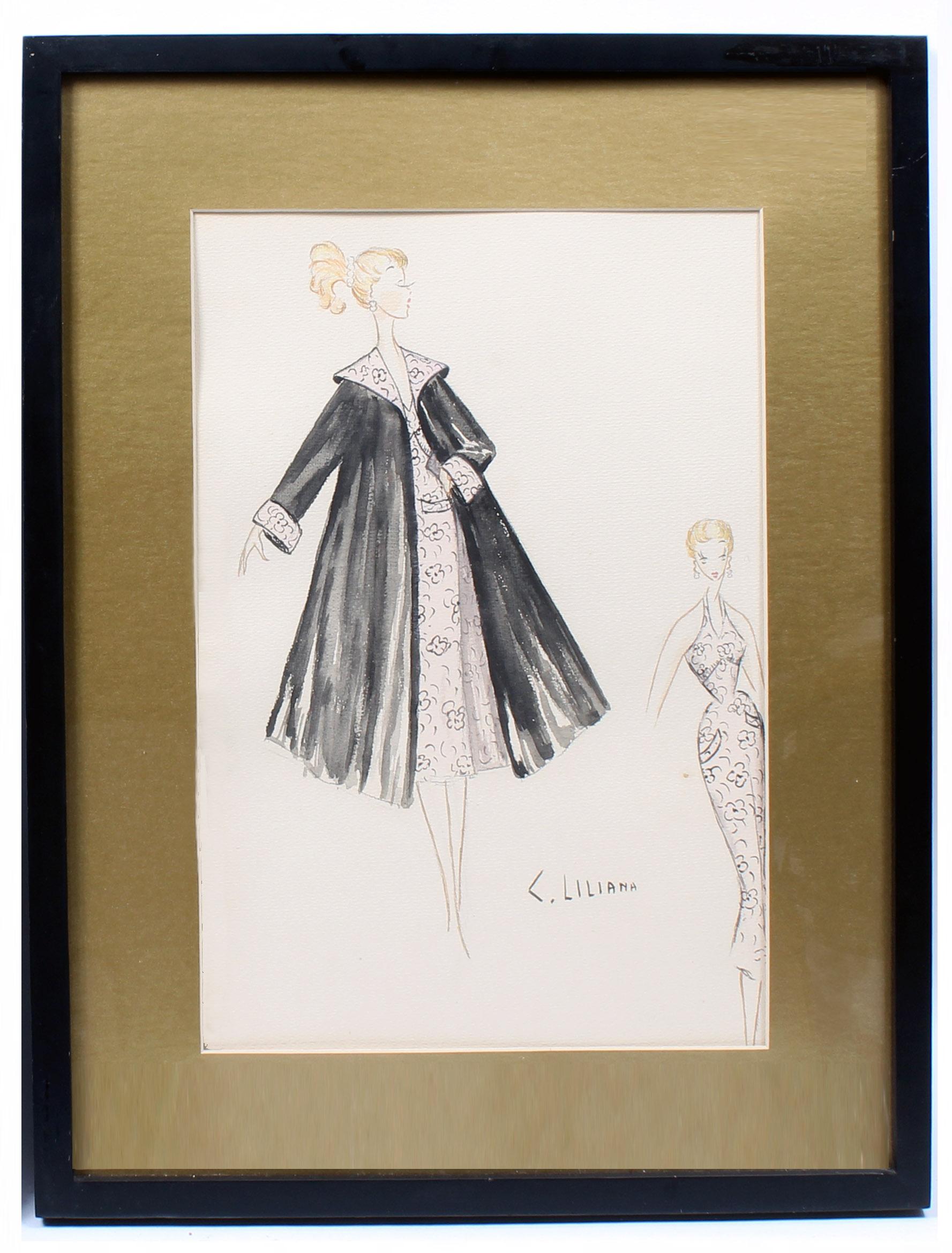 Un set di quattro disegni di moda di metà secolo firmati Lilliana.  Queste opere sono state acquistate da una proprietà di Palm Beach, Florida.  Queste incantevoli opere vengono presentate nella stessa cornice e sono meravigliose appese in un