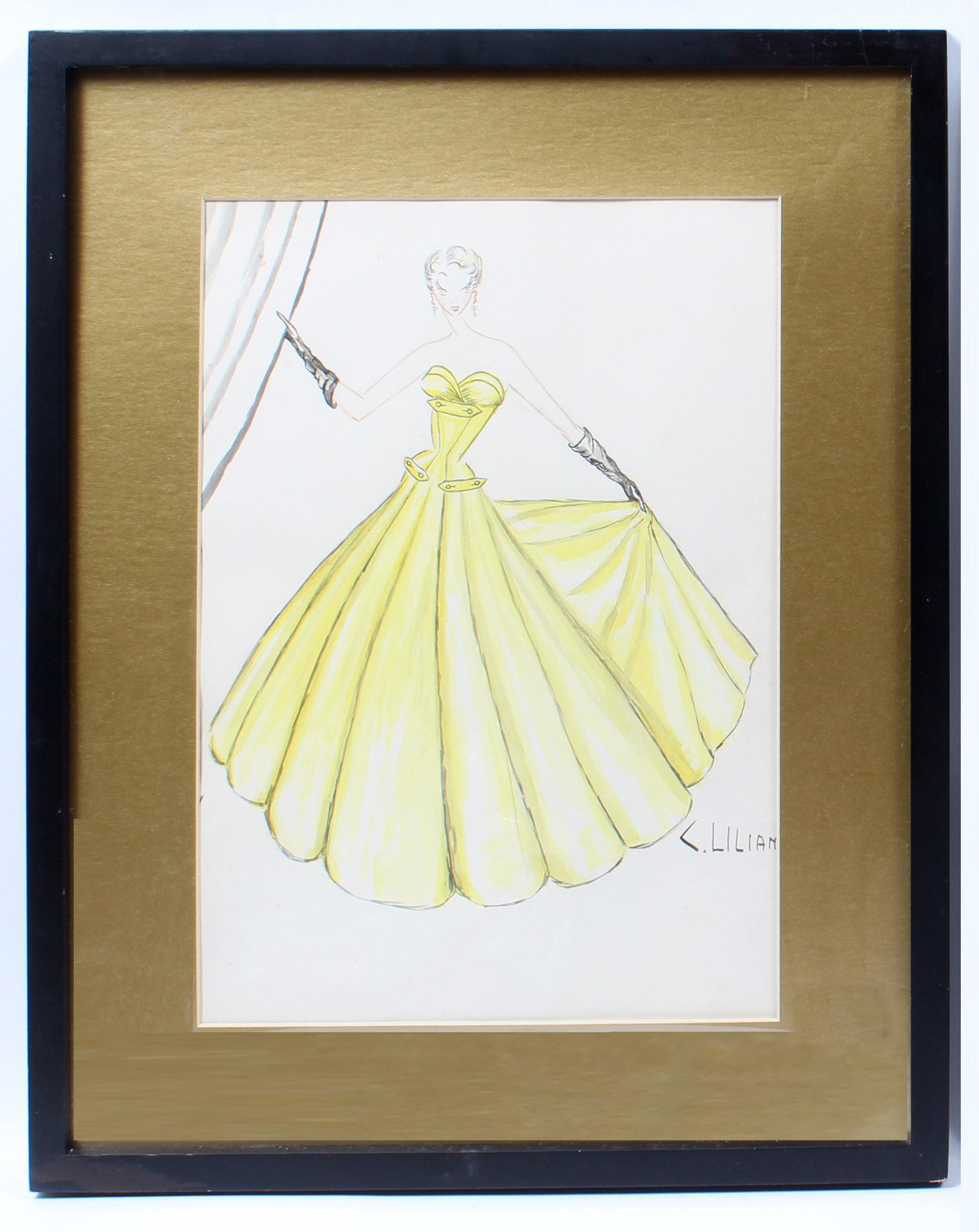 A set of four mid-century fashion drawings signed Lilliana.  These works were purchased from an estate out of Palm Beach, FL.  These charming works each come in the same frame presentation and are wonderful hung in a square, two by two or in a line.