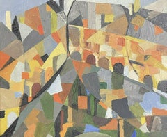 1950
s French Cubist Oil Painting View of an Old Town 
Houses - Moody Colors