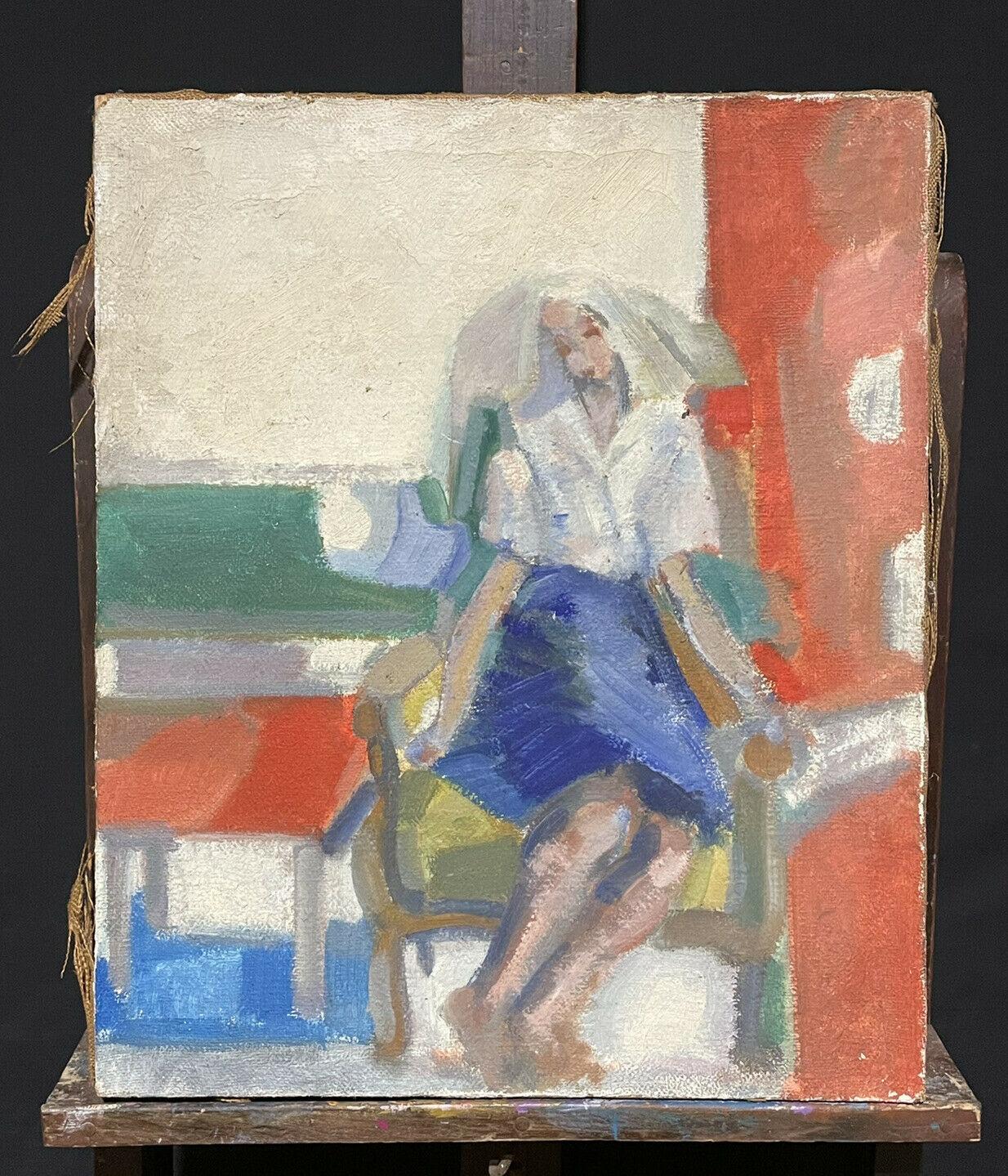 1950'S FRENCH FAUVIST OIL - YOUNG LADY SEATED ON TERRACE CHAIR - BEAUTIFUL COLOR - Painting by Unknown
