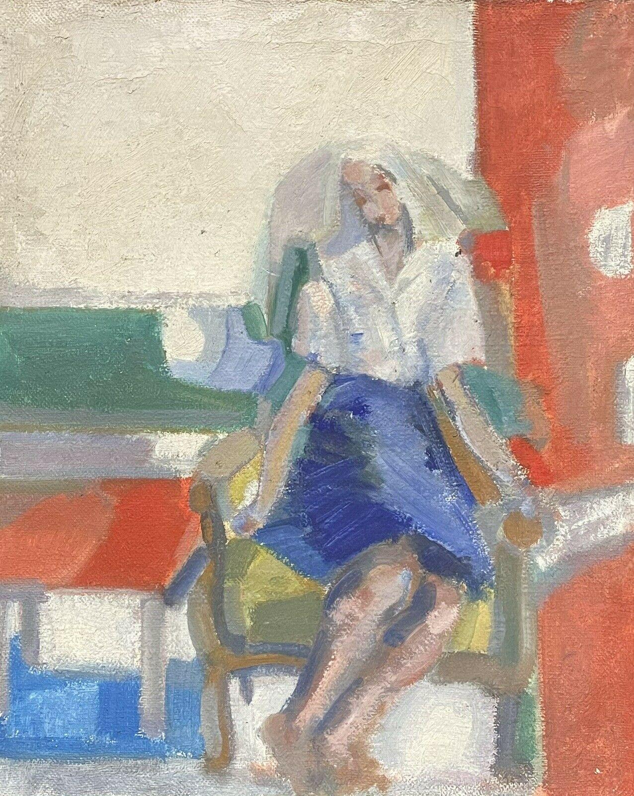 ÓLEO FAUVISTA FRANCÉS DE LOS AÑOS 50 - JOVEN SENTADA EN SILLA DE TERRAZA - BELLO COLOR