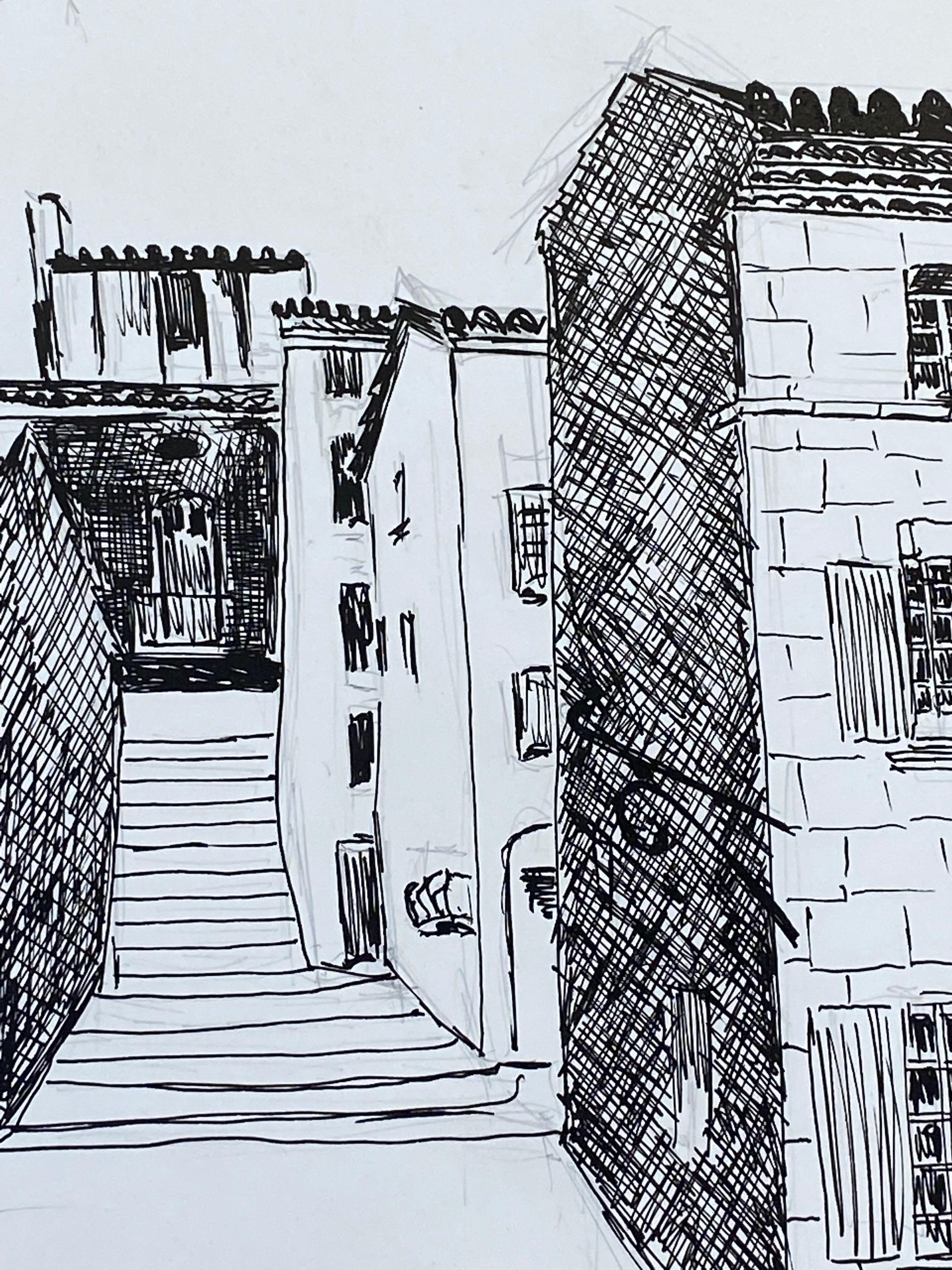 Dessin cubiste/moderniste français des années 1950, noir et blanc Steps to the French Townes - Painting de Unknown