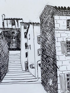 Dibujo modernista/cubista francés de los años 50, en blanco y negro Pasos hacia la ciudad francesa