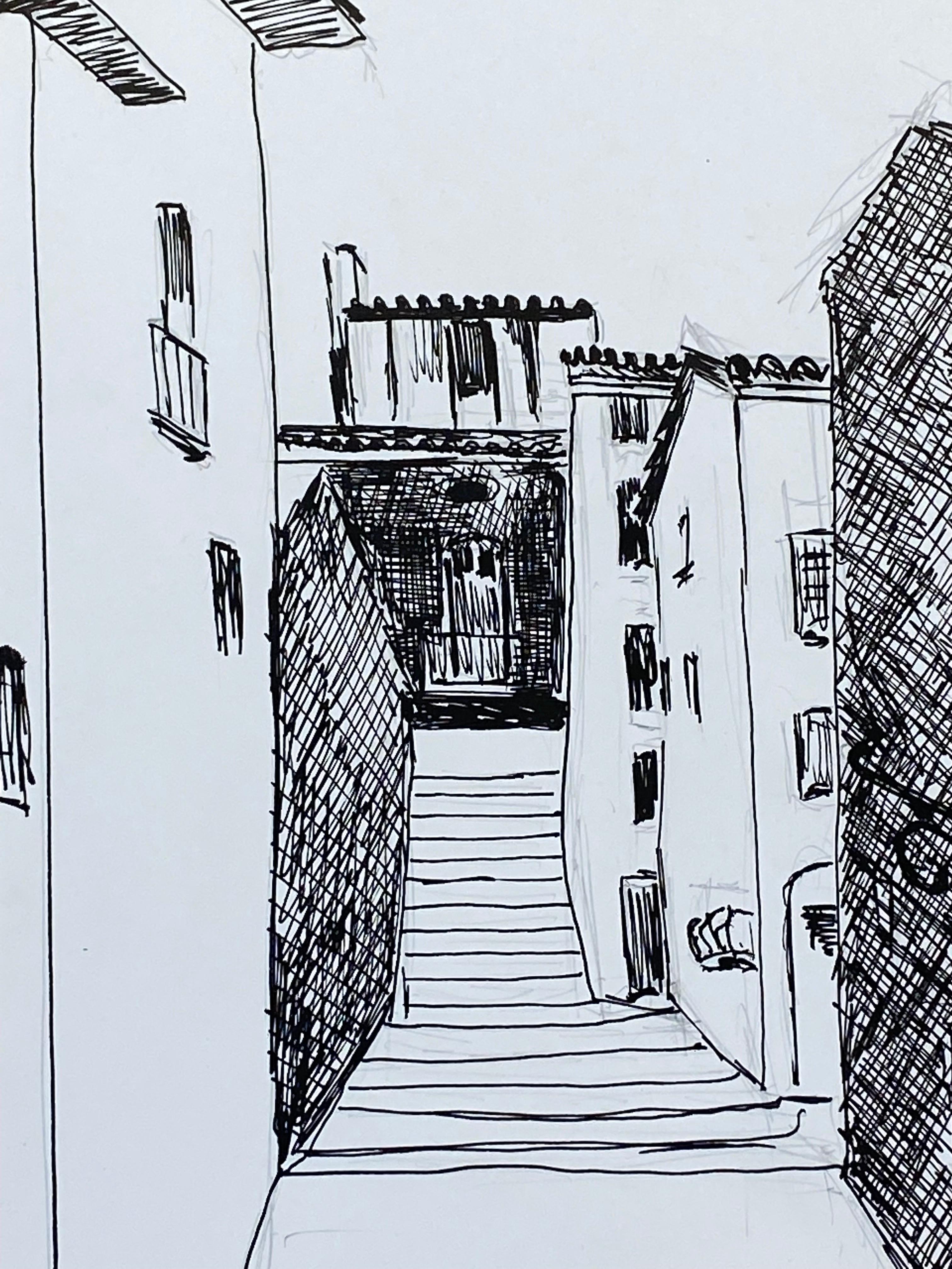 Dessin cubiste/moderniste français des années 1950, noir et blanc Steps to the French Townes - Gris Landscape Painting par Unknown