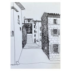 Dessin cubiste/moderniste français des années 1950, noir et blanc Steps to the French Townes