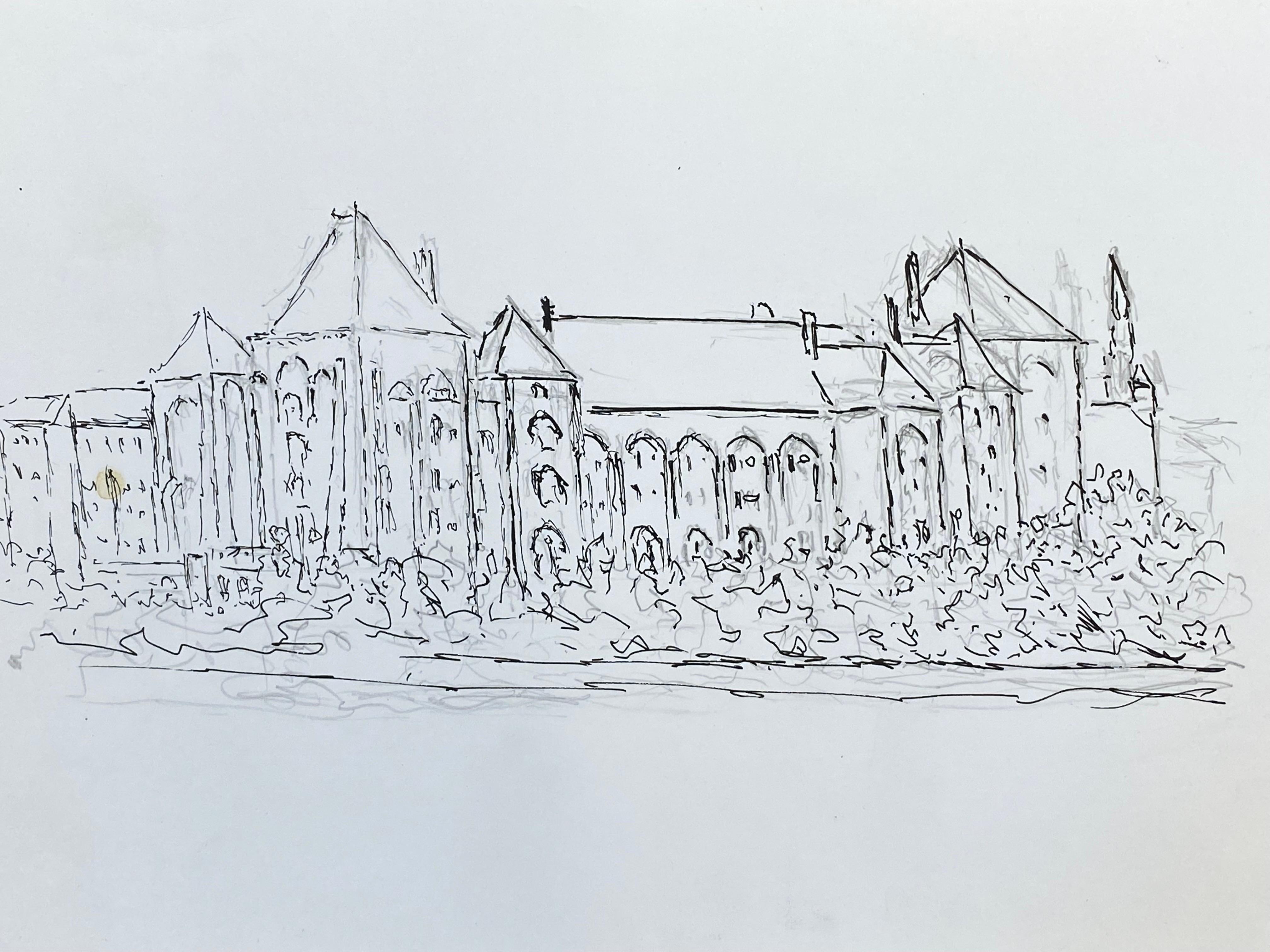 Dessin cubiste/moderniste français des années 1950, grand bâtiment historique français - Painting de Unknown