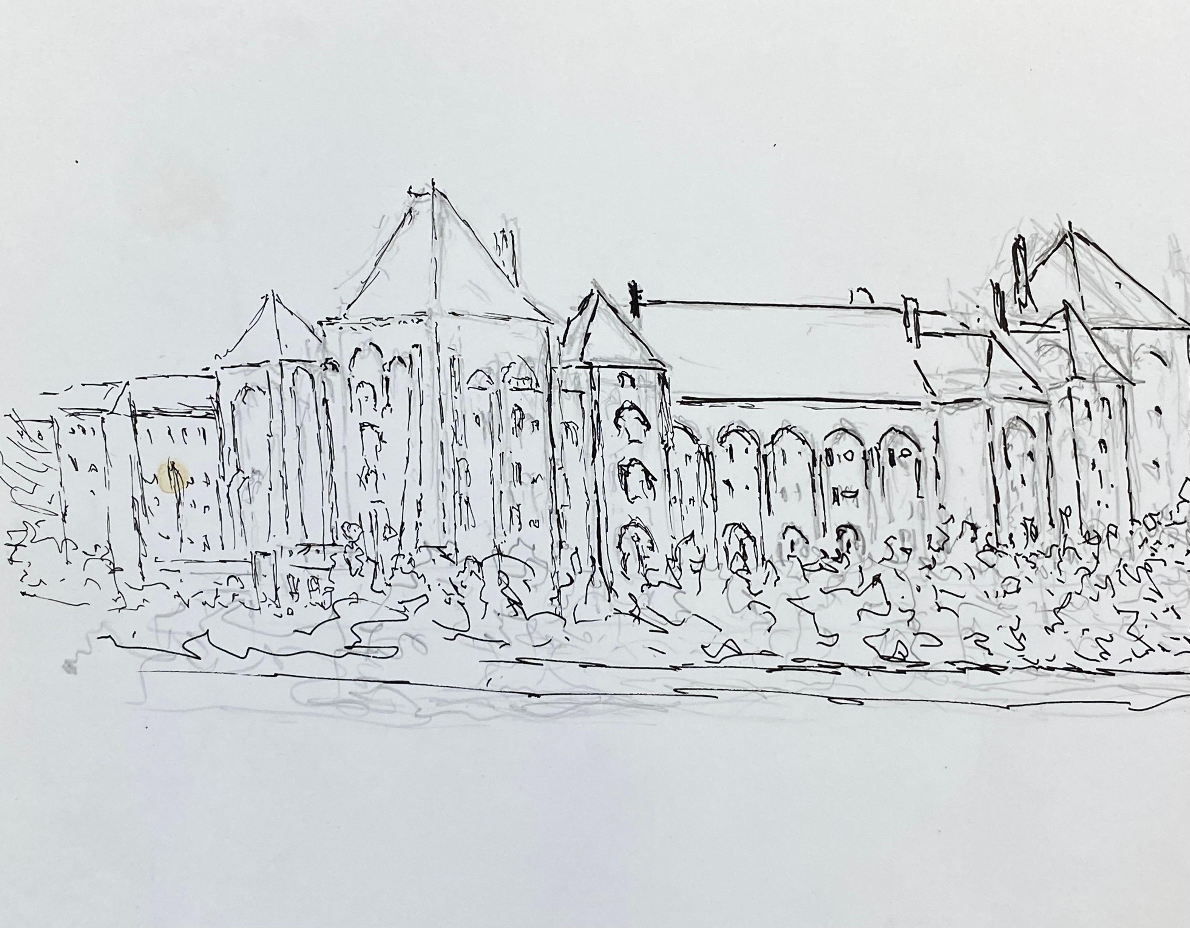 Dessin cubiste/moderniste français des années 1950, grand bâtiment historique français - Gris Landscape Painting par Unknown