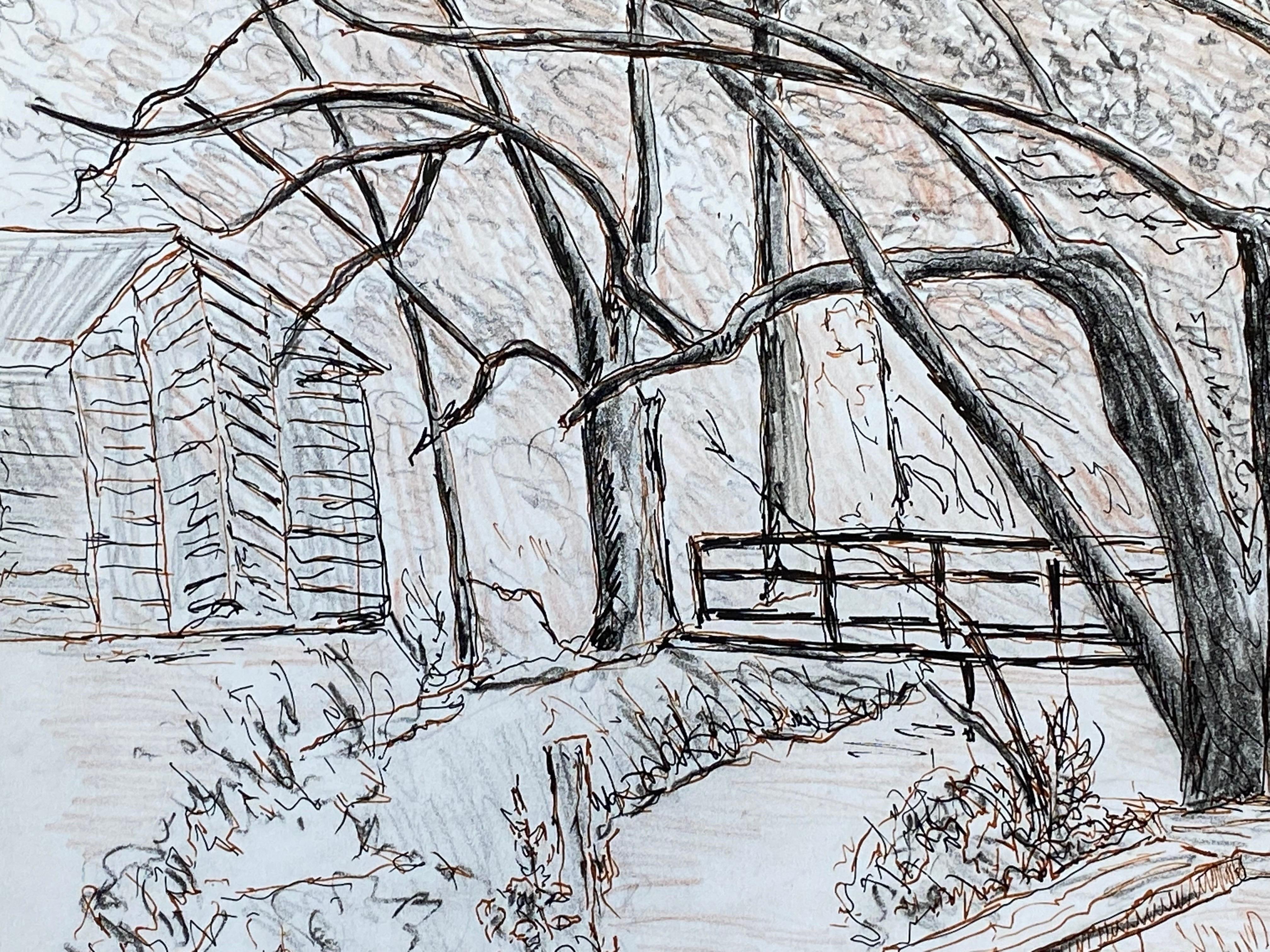 Disegno cubista/modernista francese del 1950 - Il ponte sul ruscello - Landscape Painting Grigio di Unknown