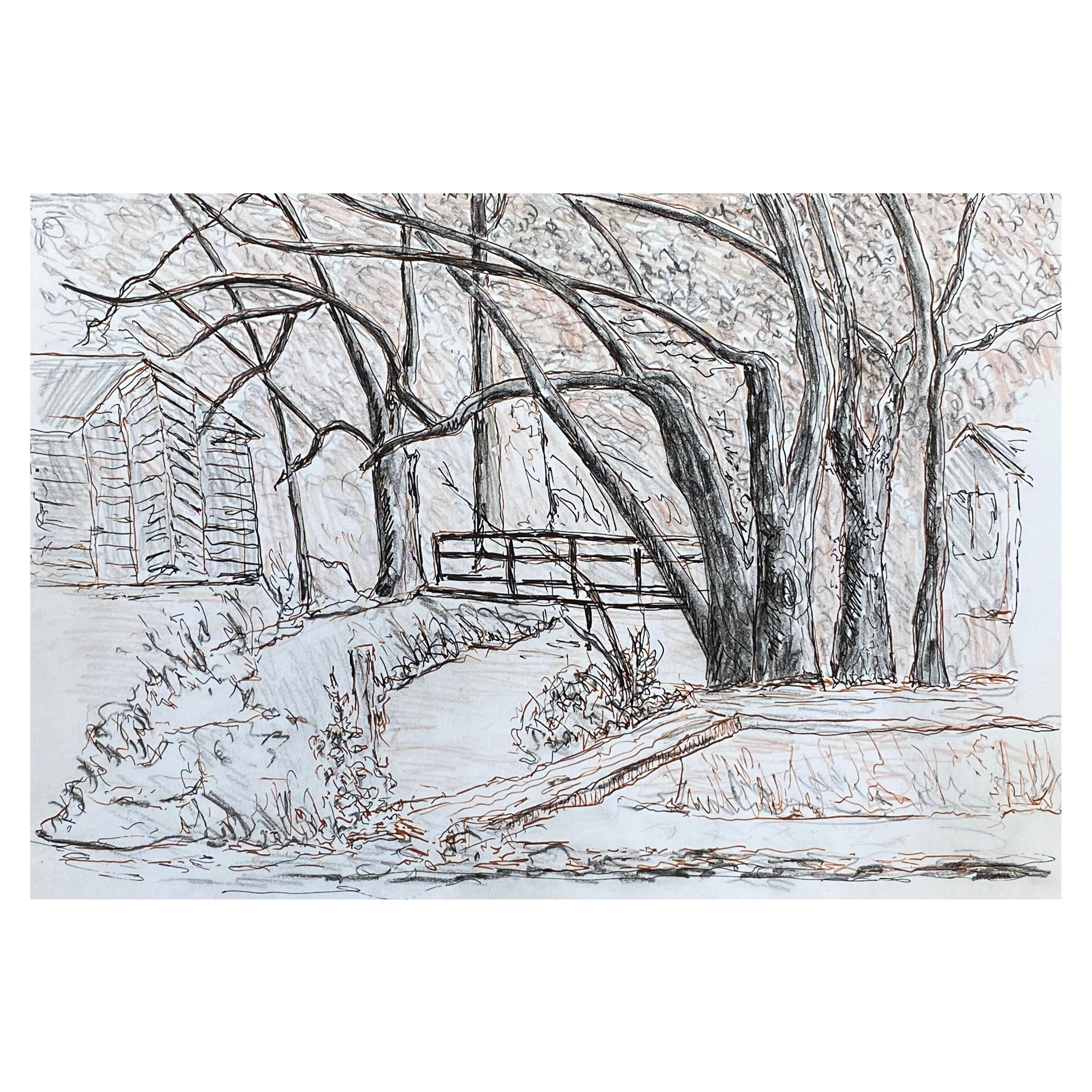Dibujo modernista/cubista francés de los años 50 -El puente del arroyo