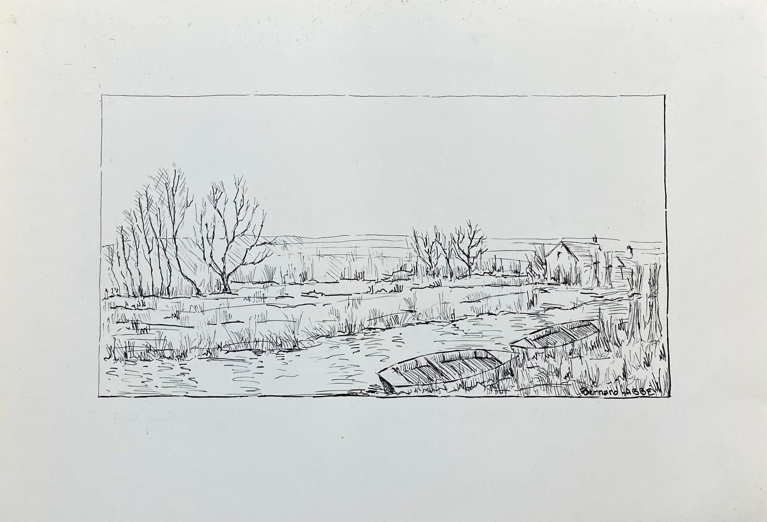 Peinture moderniste/cubiste française des années 1950, bateaux sur la rivière - Painting de Unknown