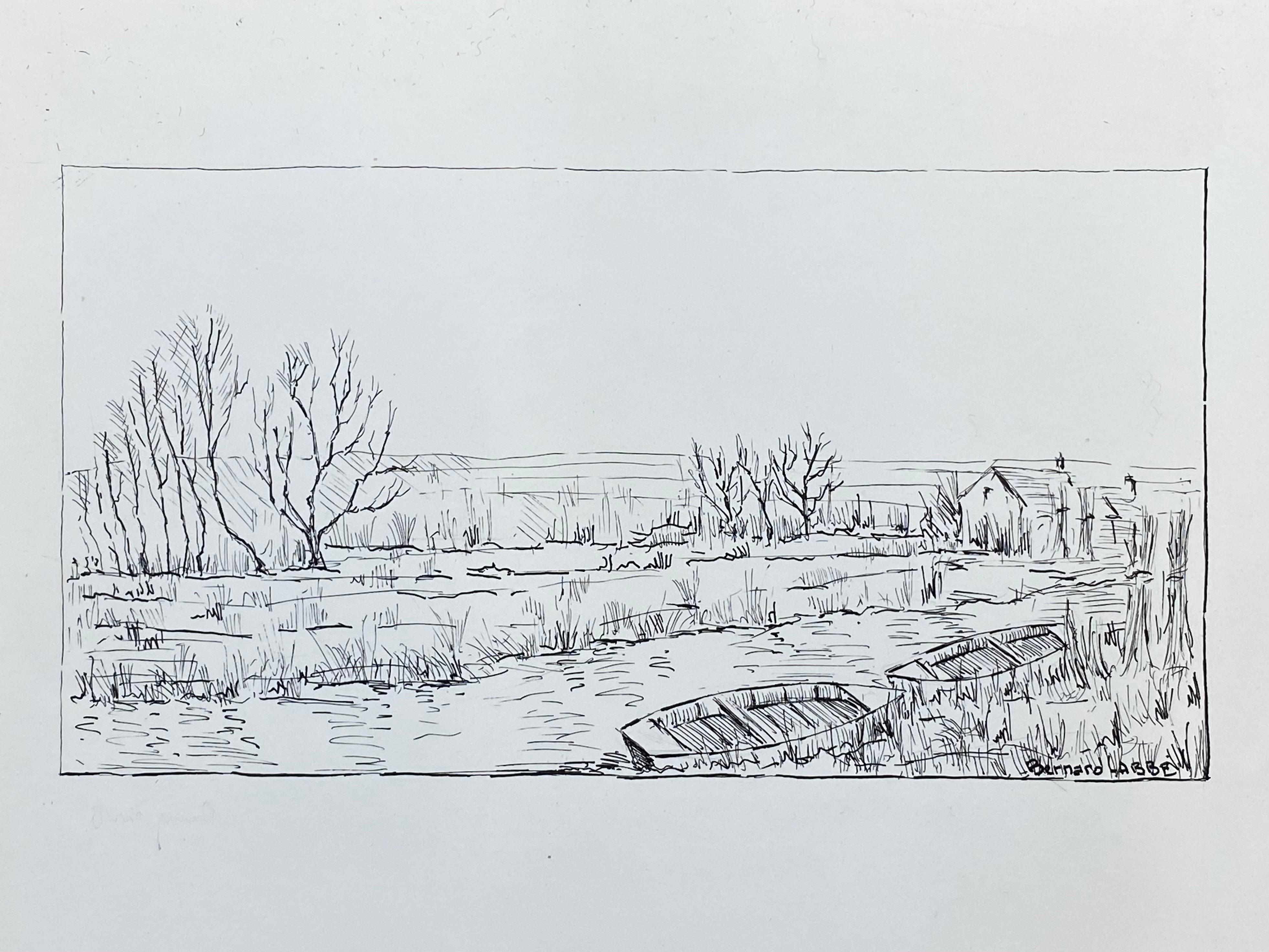 Peinture moderniste/cubiste française des années 1950, bateaux sur la rivière - Gris Landscape Painting par Unknown