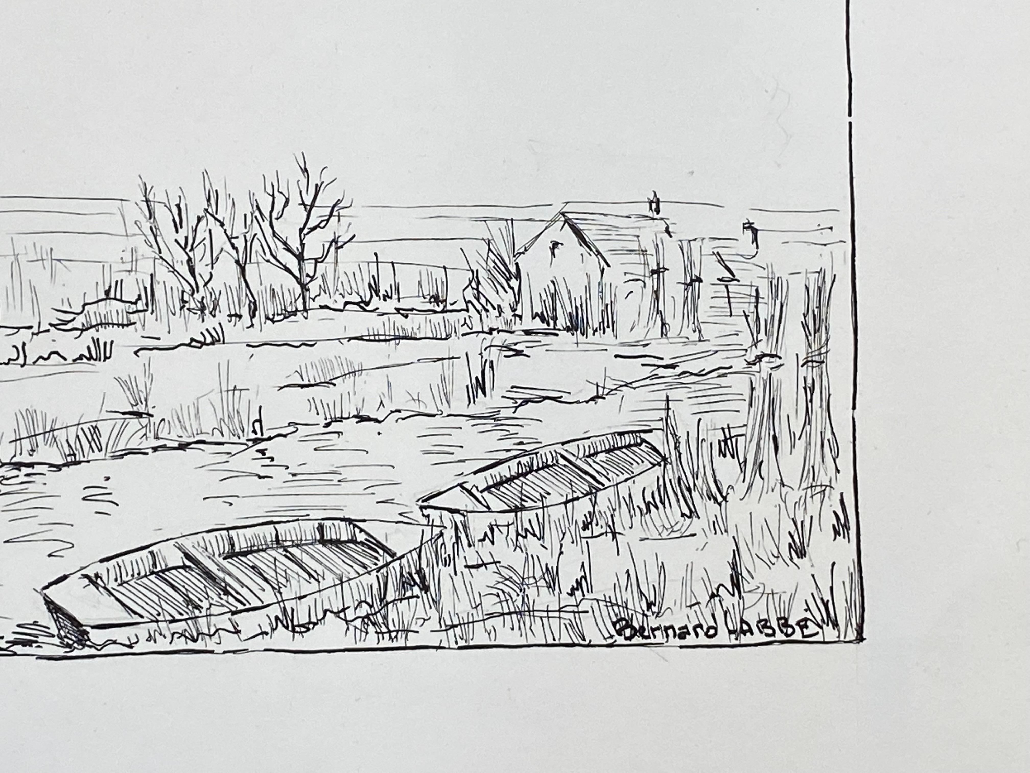 Peinture moderniste/cubiste française des années 1950, bateaux sur la rivière en vente 1