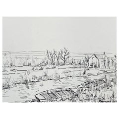 Peinture moderniste/cubiste française des années 1950, bateaux sur la rivière