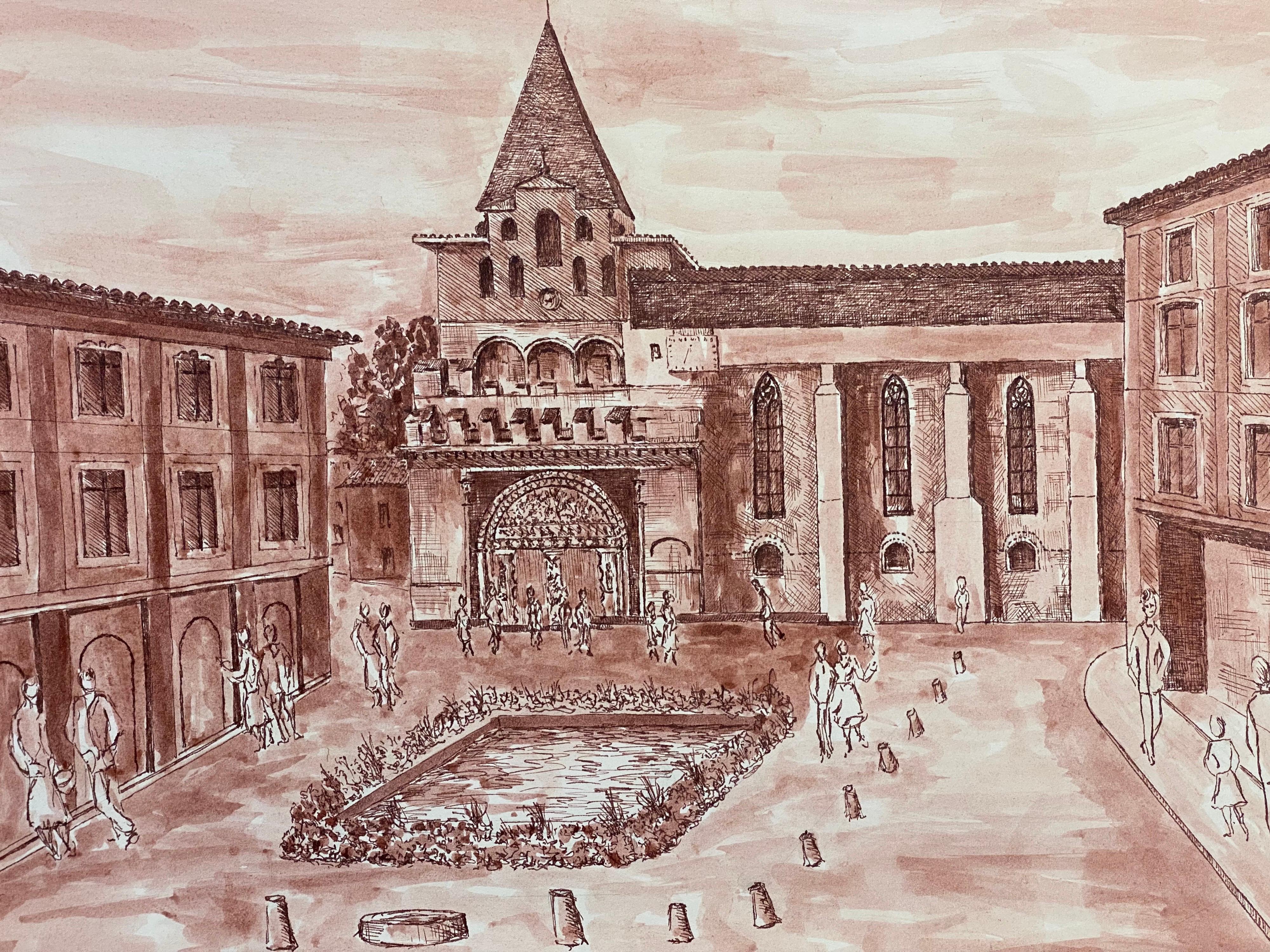 Pintura modernista/cubista francesa de los años 50, Plaza de una ciudad francesa muy concurrida - Painting de Unknown