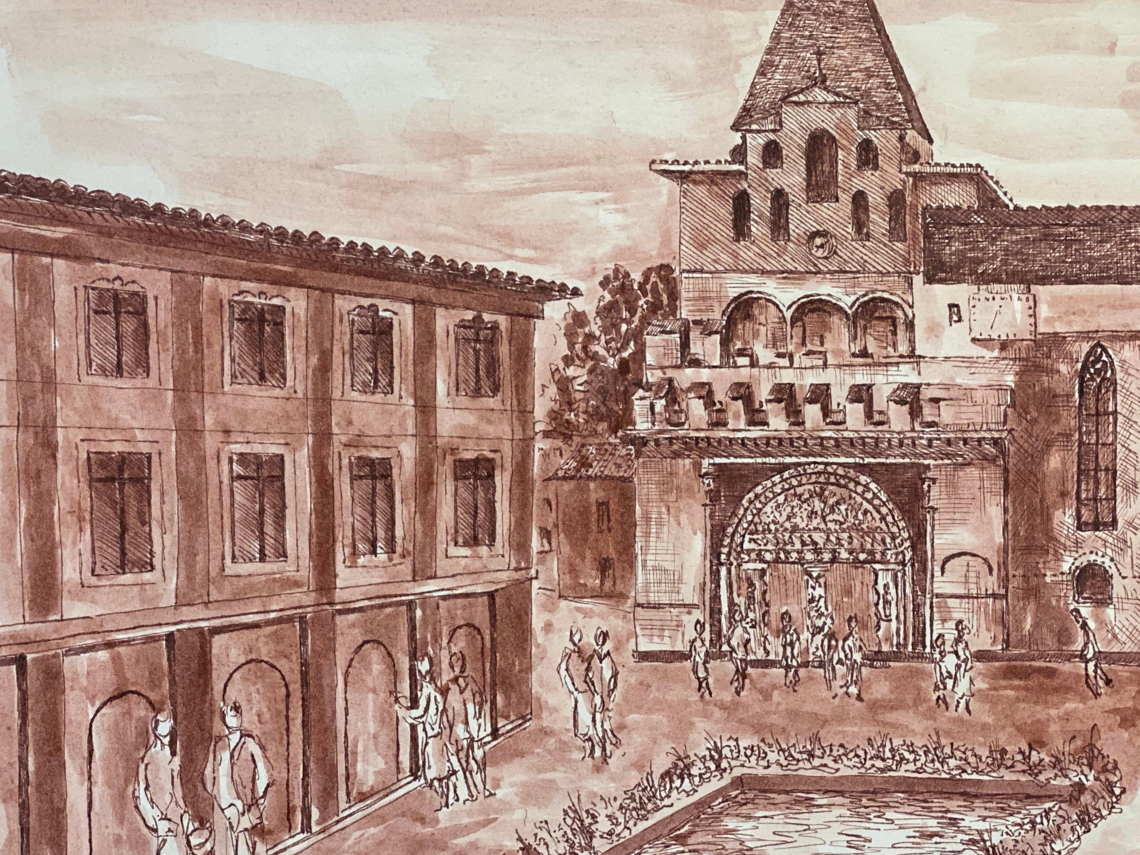 Pintura modernista/cubista francesa de los años 50, Plaza de una ciudad francesa muy concurrida en venta 1