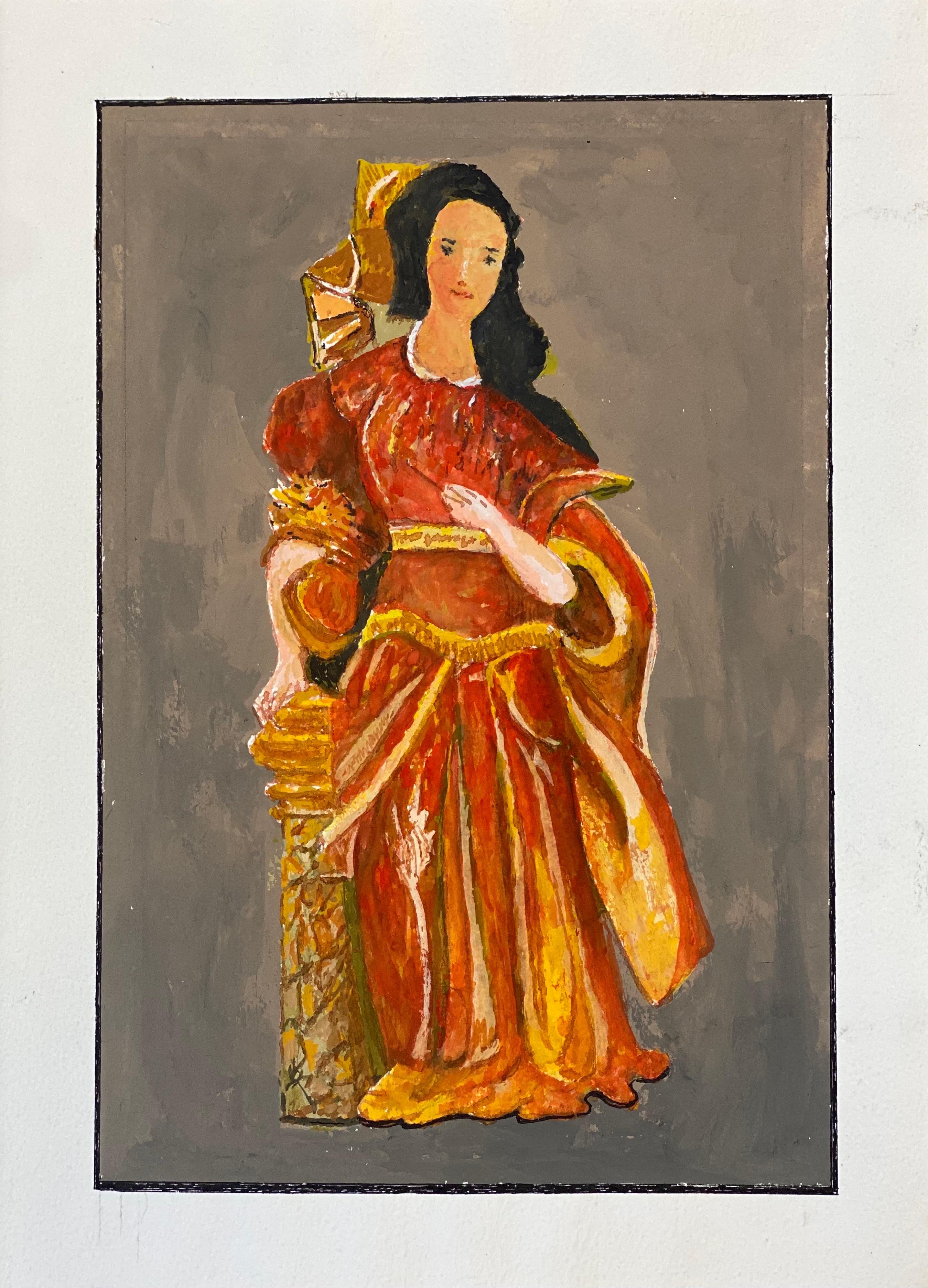 1950's French Modernist/ Cubist Painting - Lady In Vibrant Red & Orange Dress - Brown Figurative Painting by Unknown