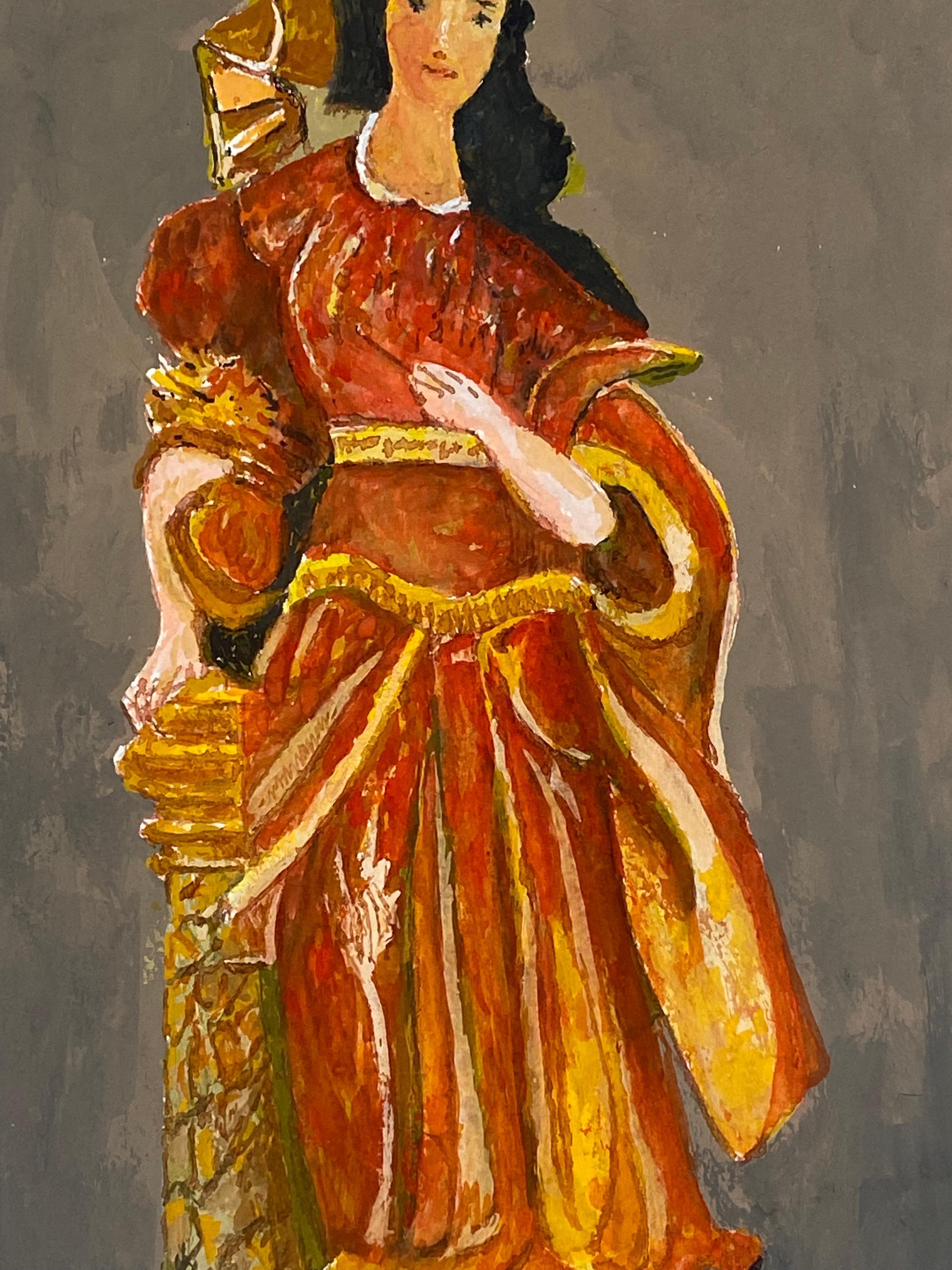 1950's French Modernist/ Cubist Painting - Lady In Vibrant Red & Orange Dress For Sale 1