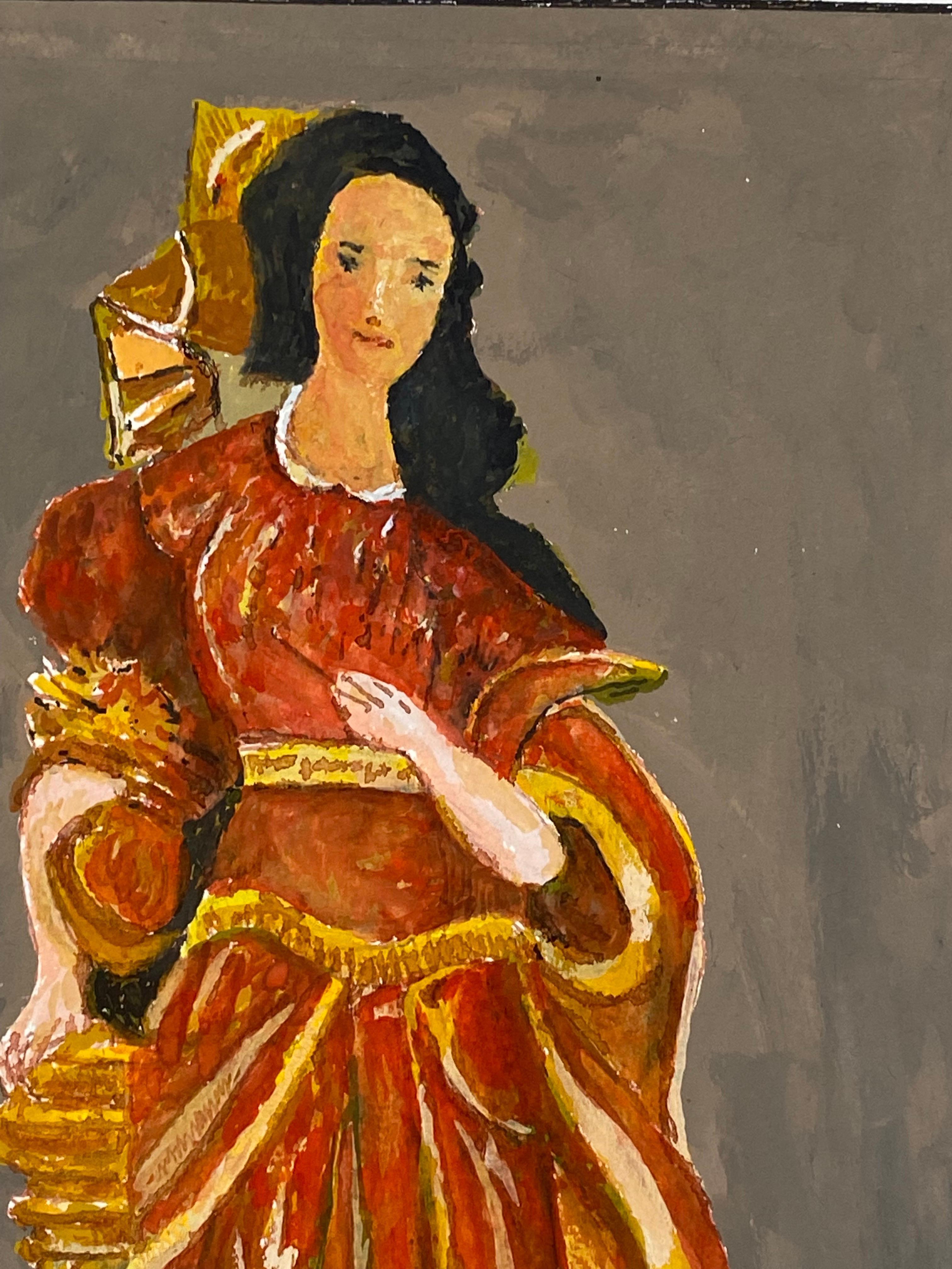 1950's French Modernist/ Cubist Painting - Lady In Vibrant Red & Orange Dress For Sale 2