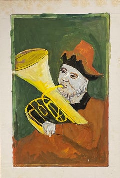 1950's French Modernist/ Cubist Painting, Man Playing Tuba