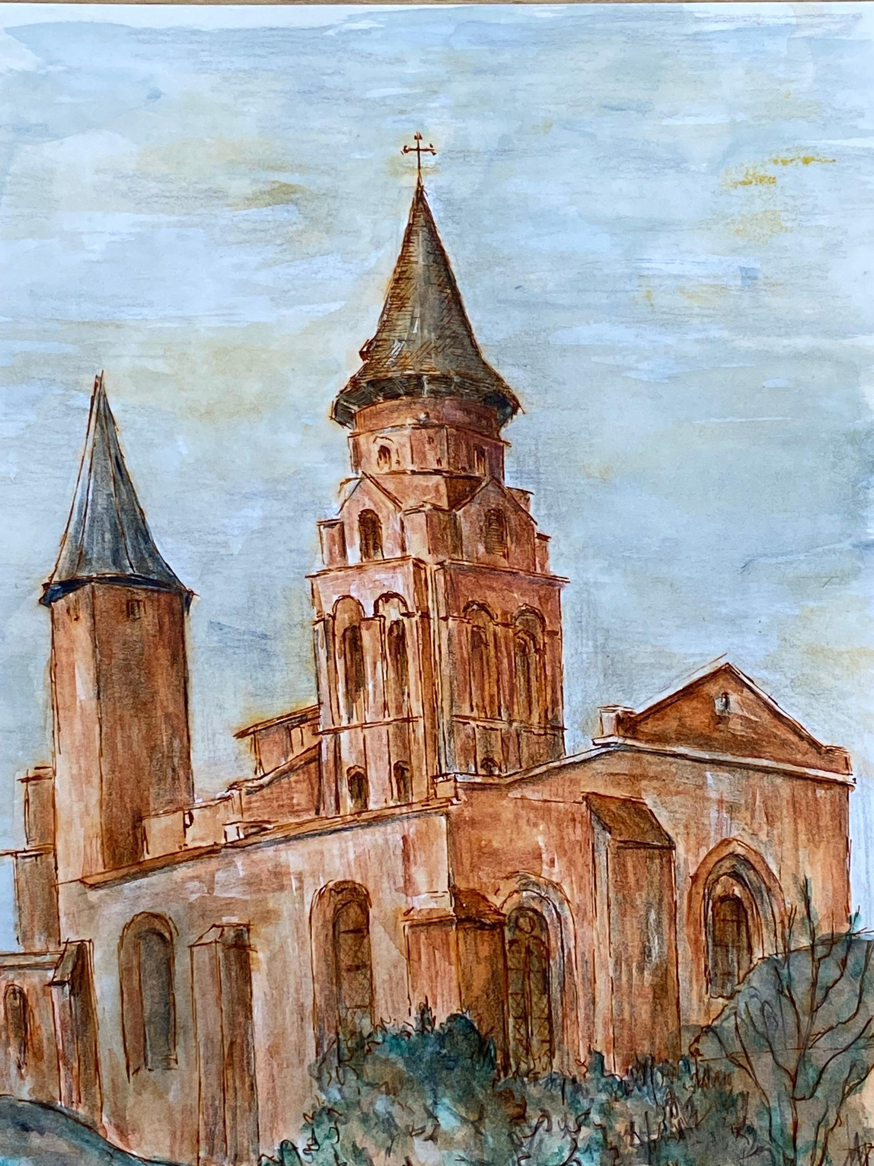 1950's French Modernist/ Cubist Painting - Orange French Church's (Grau), Landscape Painting, von Unknown
