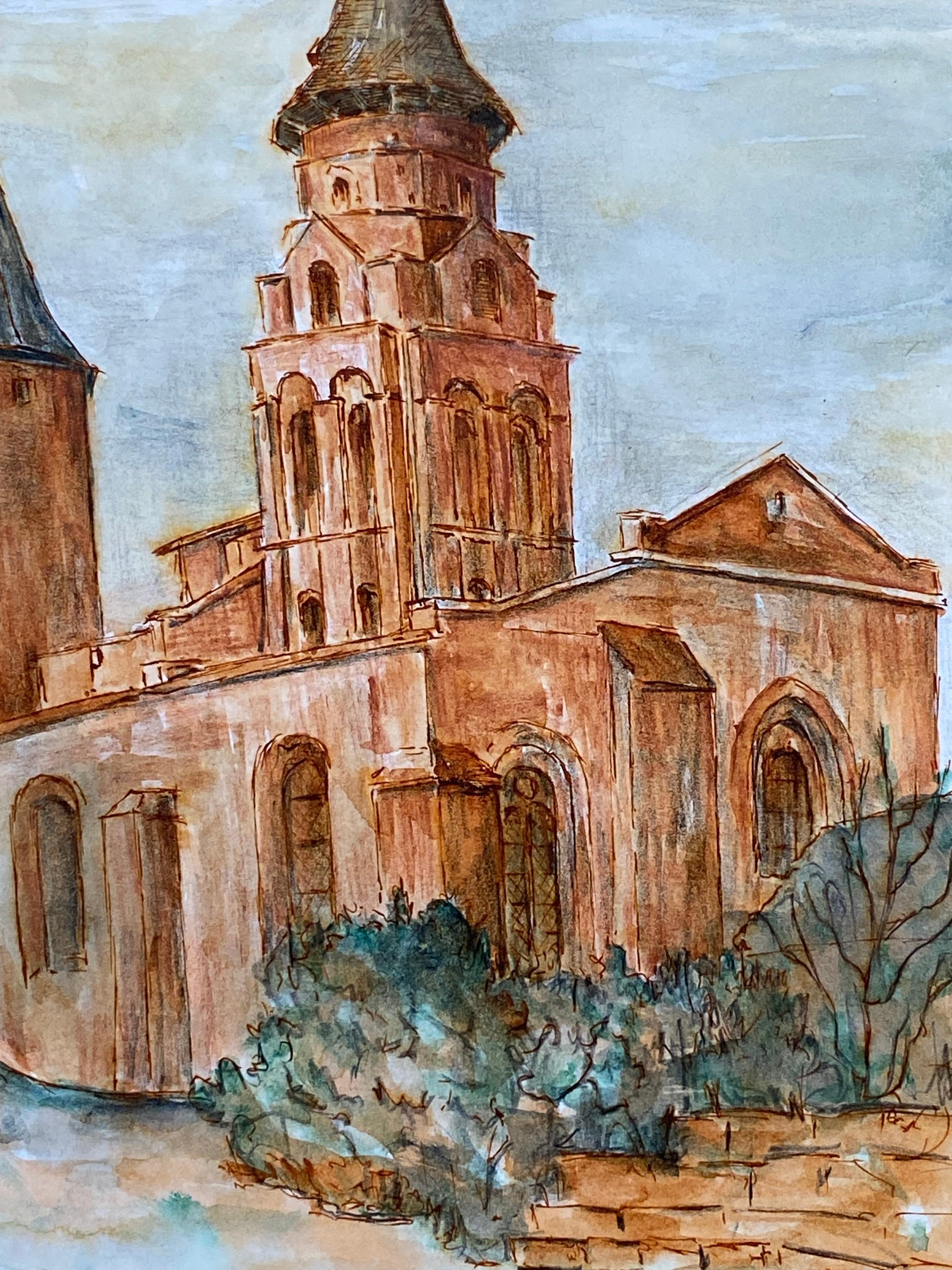 1950's French Modernist/ Cubist Painting - Orange French Church's im Angebot 1
