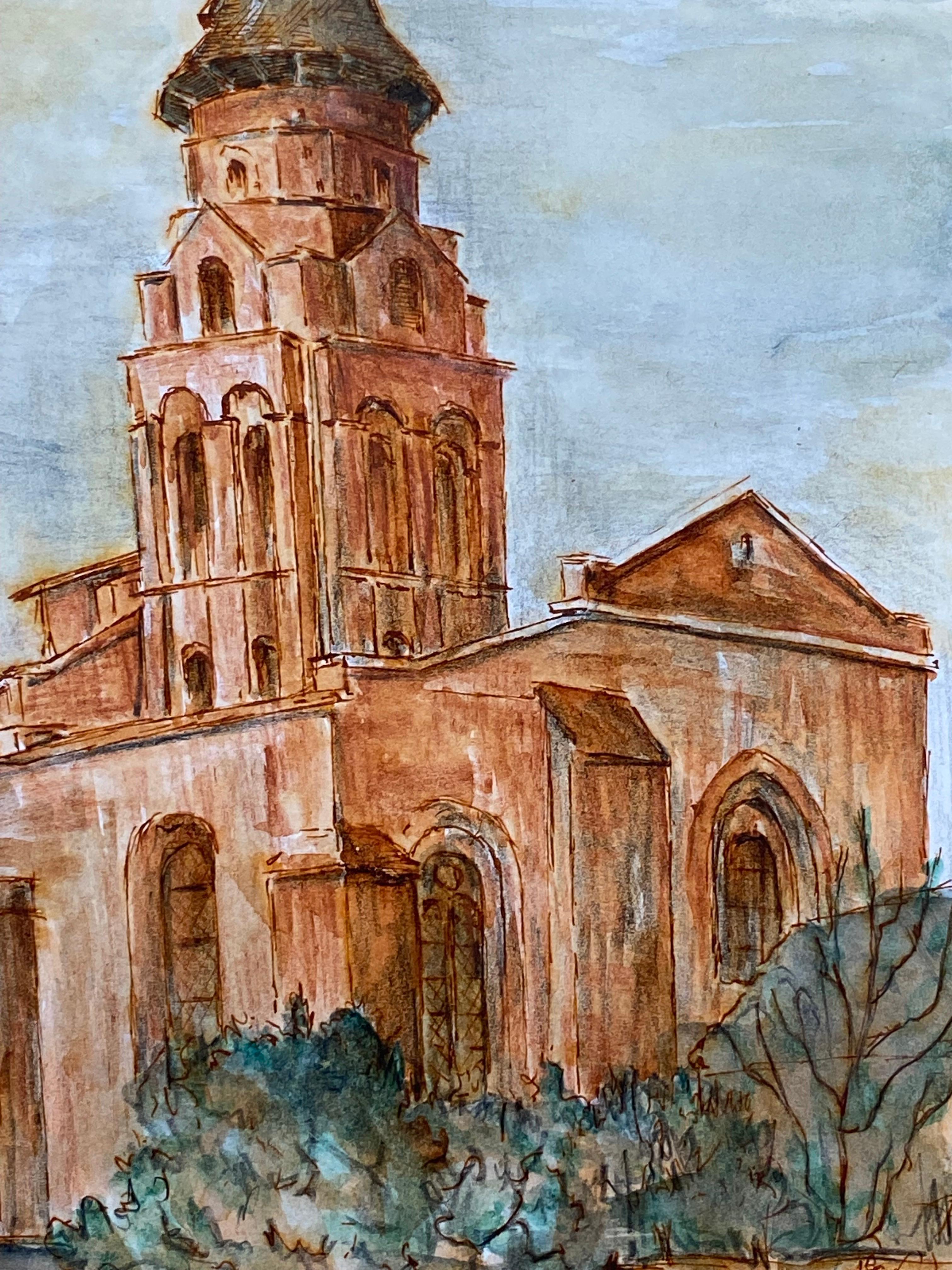 1950's French Modernist/ Cubist Painting - Orange French Church's im Angebot 2