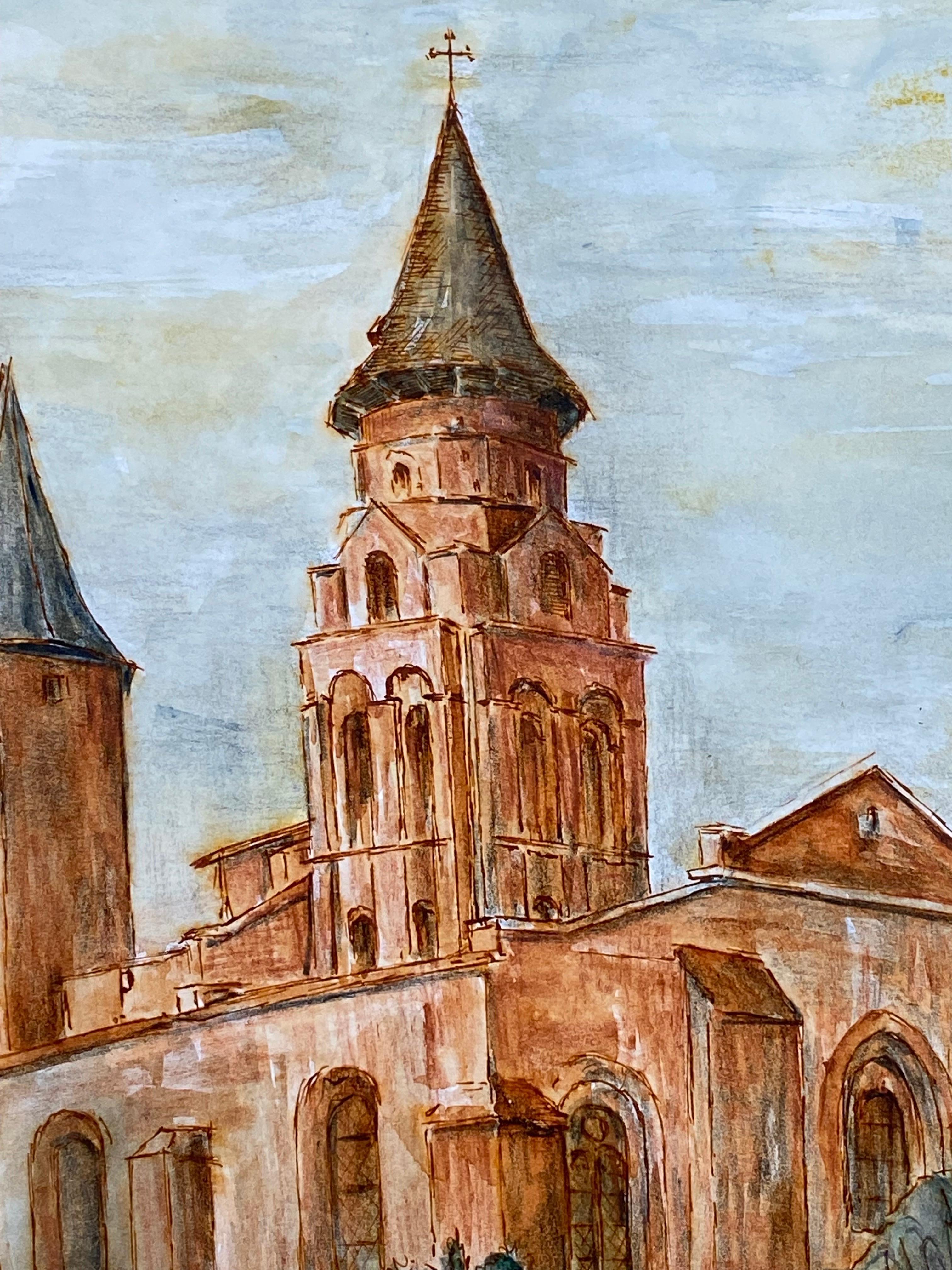 1950's French Modernist/ Cubist Painting - Orange French Church's im Angebot 3