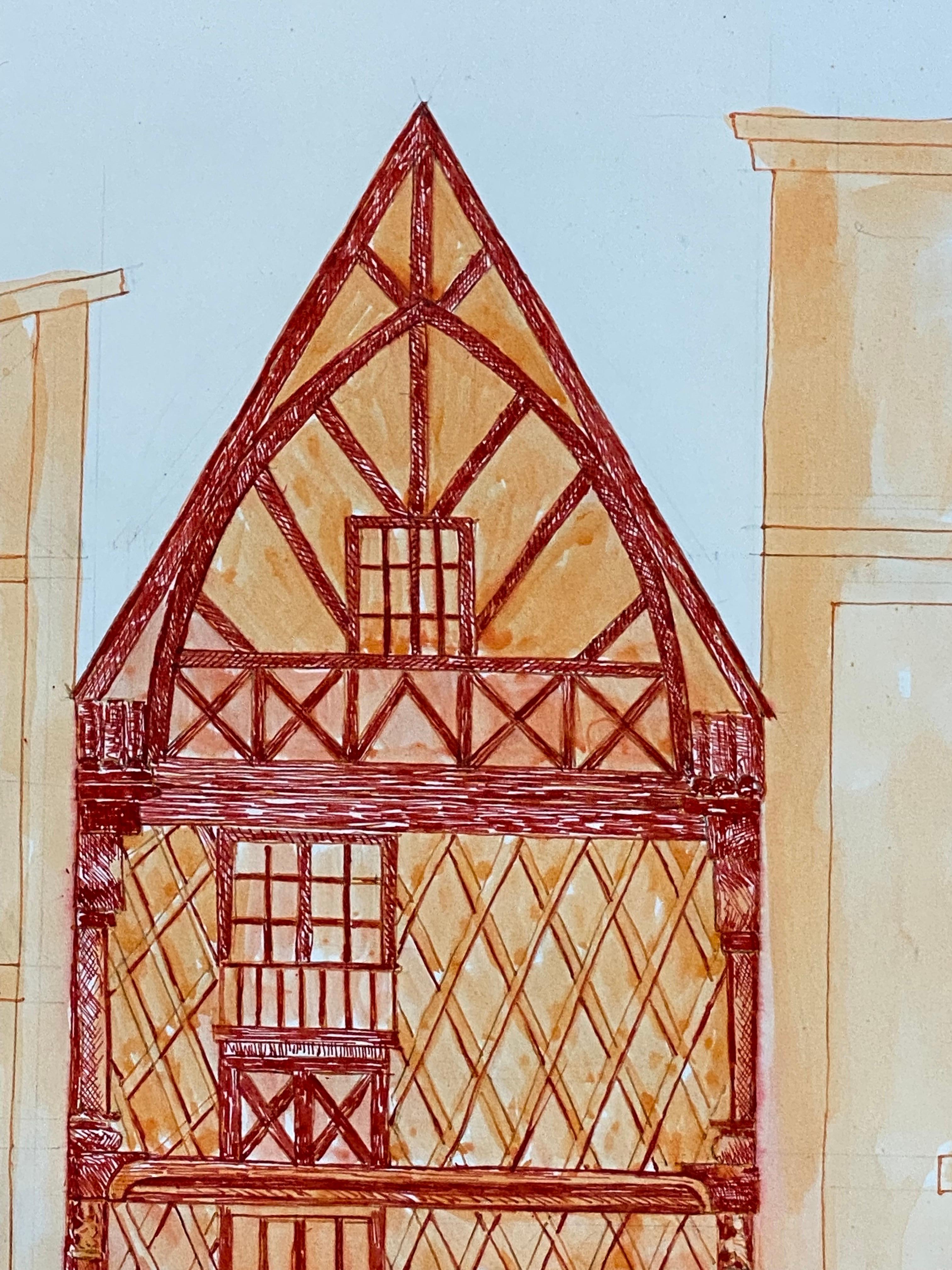 1950's French Modernist/ Cubist Painting, Orange & Red Tall Building - Beige Landscape Painting by Unknown