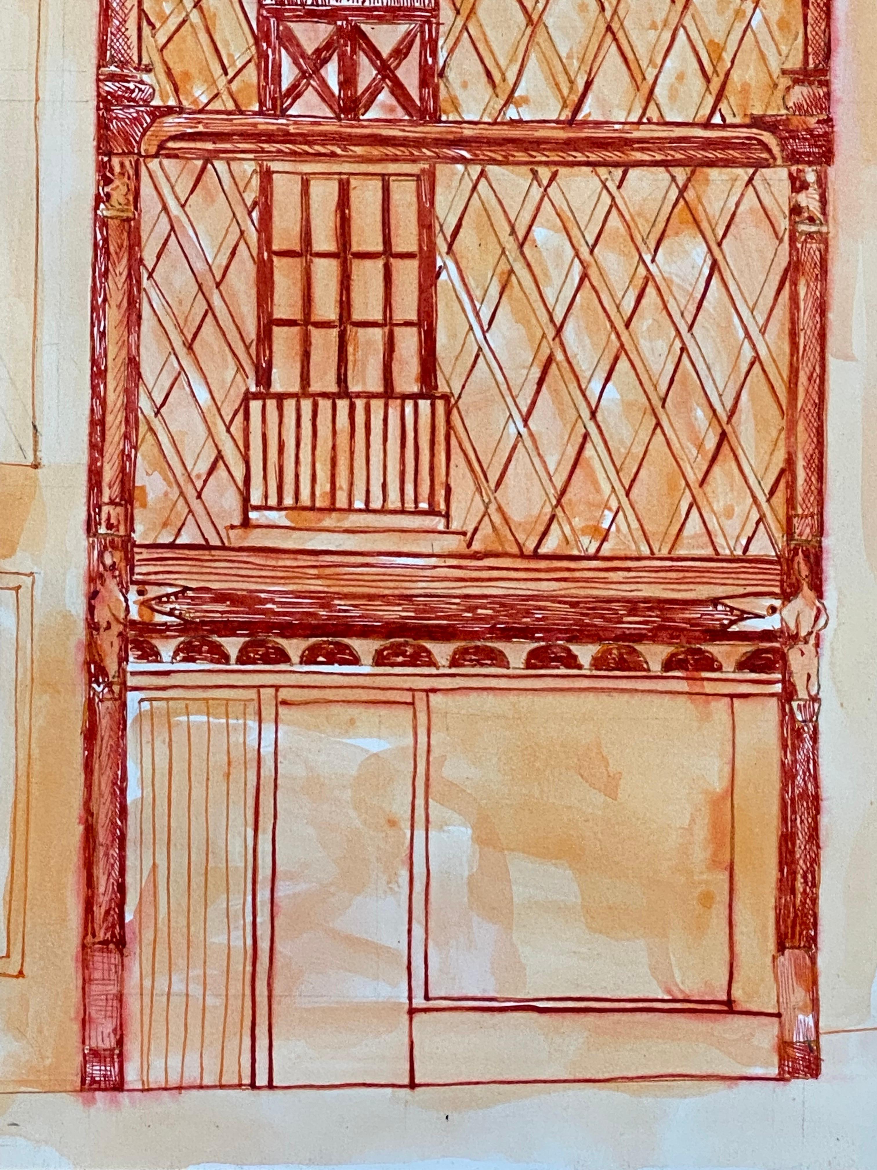 1950's French Modernist/ Cubist Painting, Orange & Red Tall Building For Sale 1