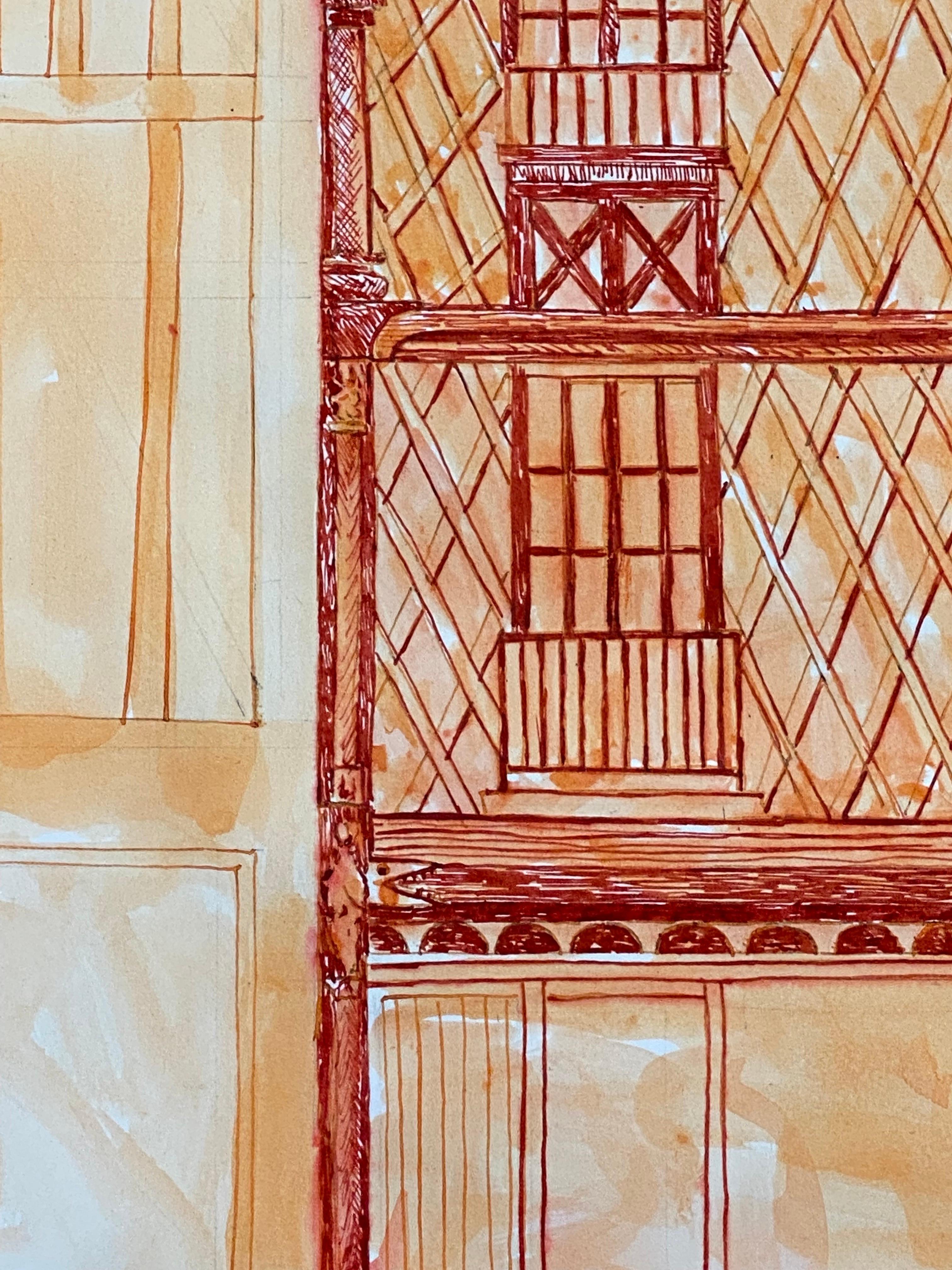 1950's French Modernist/ Cubist Painting, Orange & Red Tall Building For Sale 2