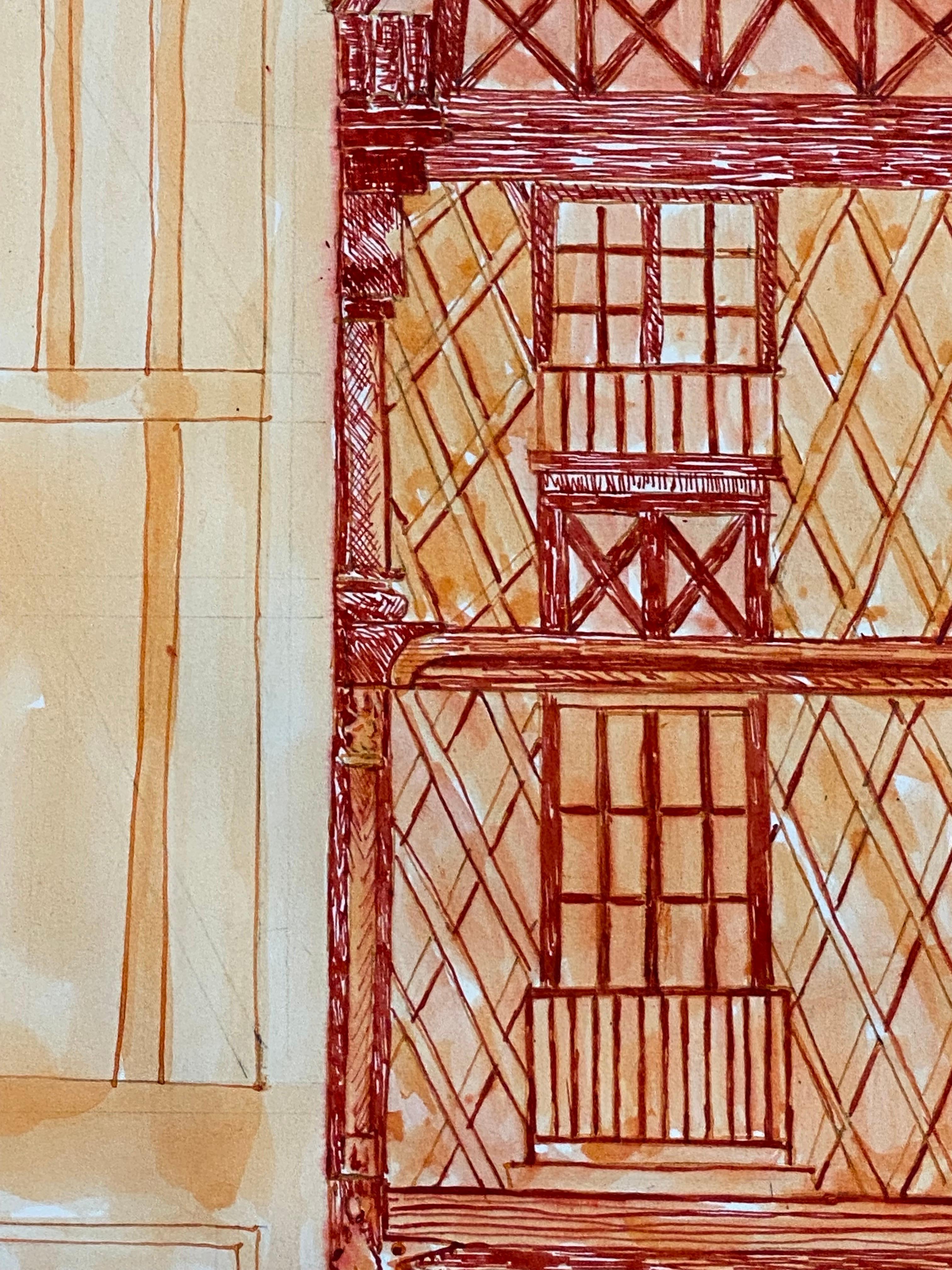1950's French Modernist/ Cubist Painting, Orange & Red Tall Building For Sale 3