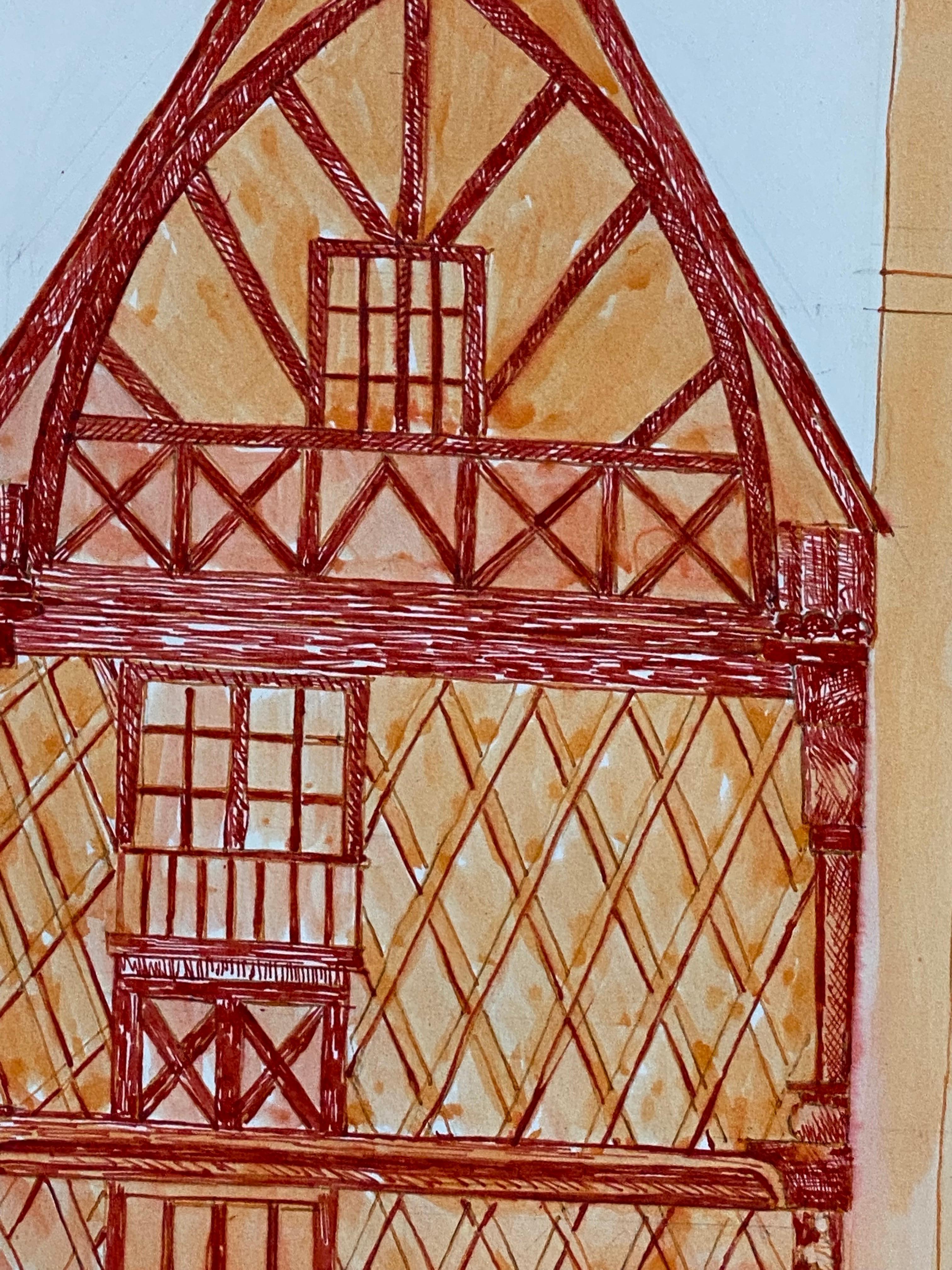 1950's French Modernist/ Cubist Painting, Orange & Red Tall Building For Sale 4