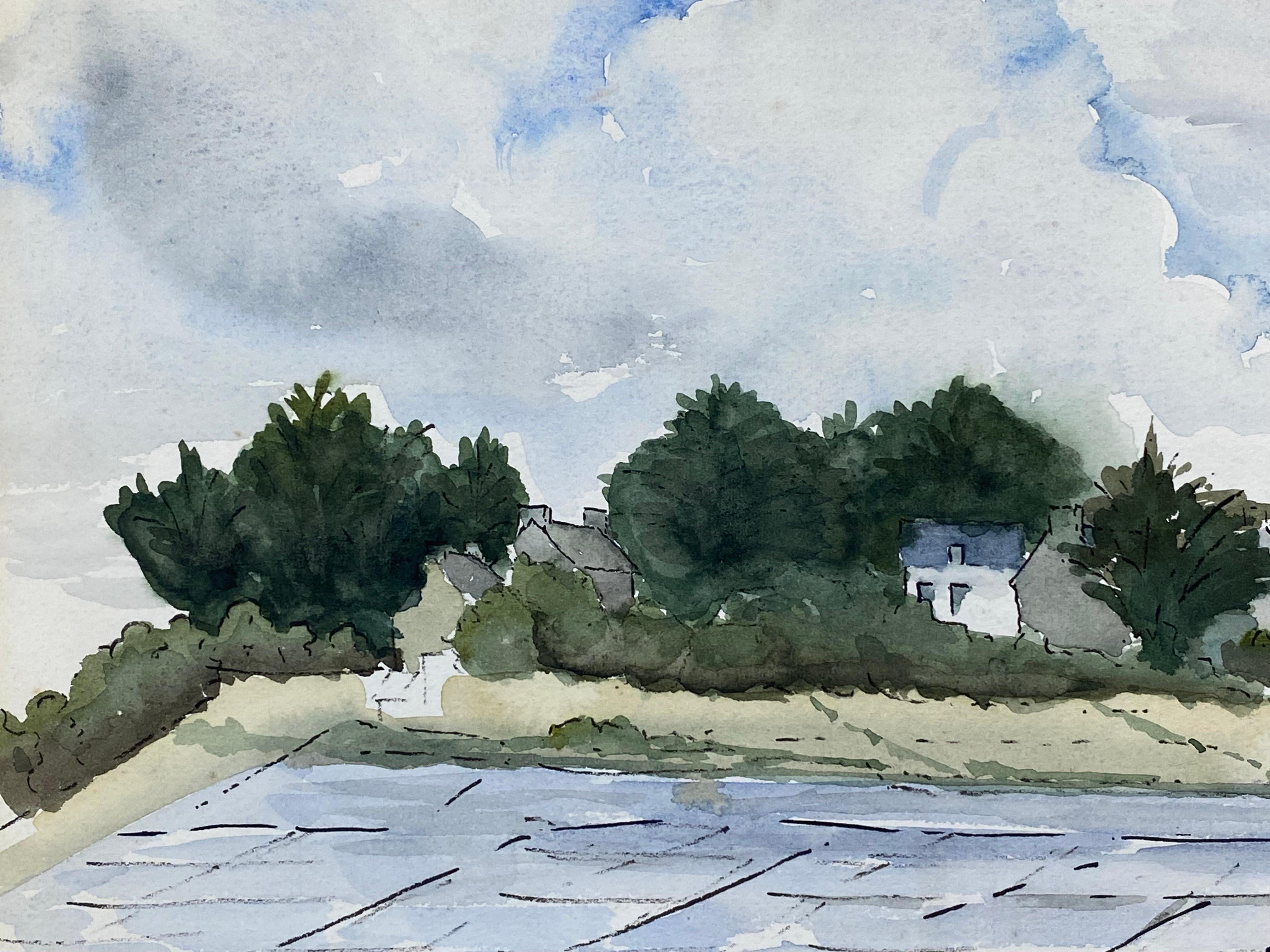 Moderniste / cubiste français des années 1950  Peinture - Paysage paisible en couleurs et en lumière - Gris Landscape Painting par Unknown