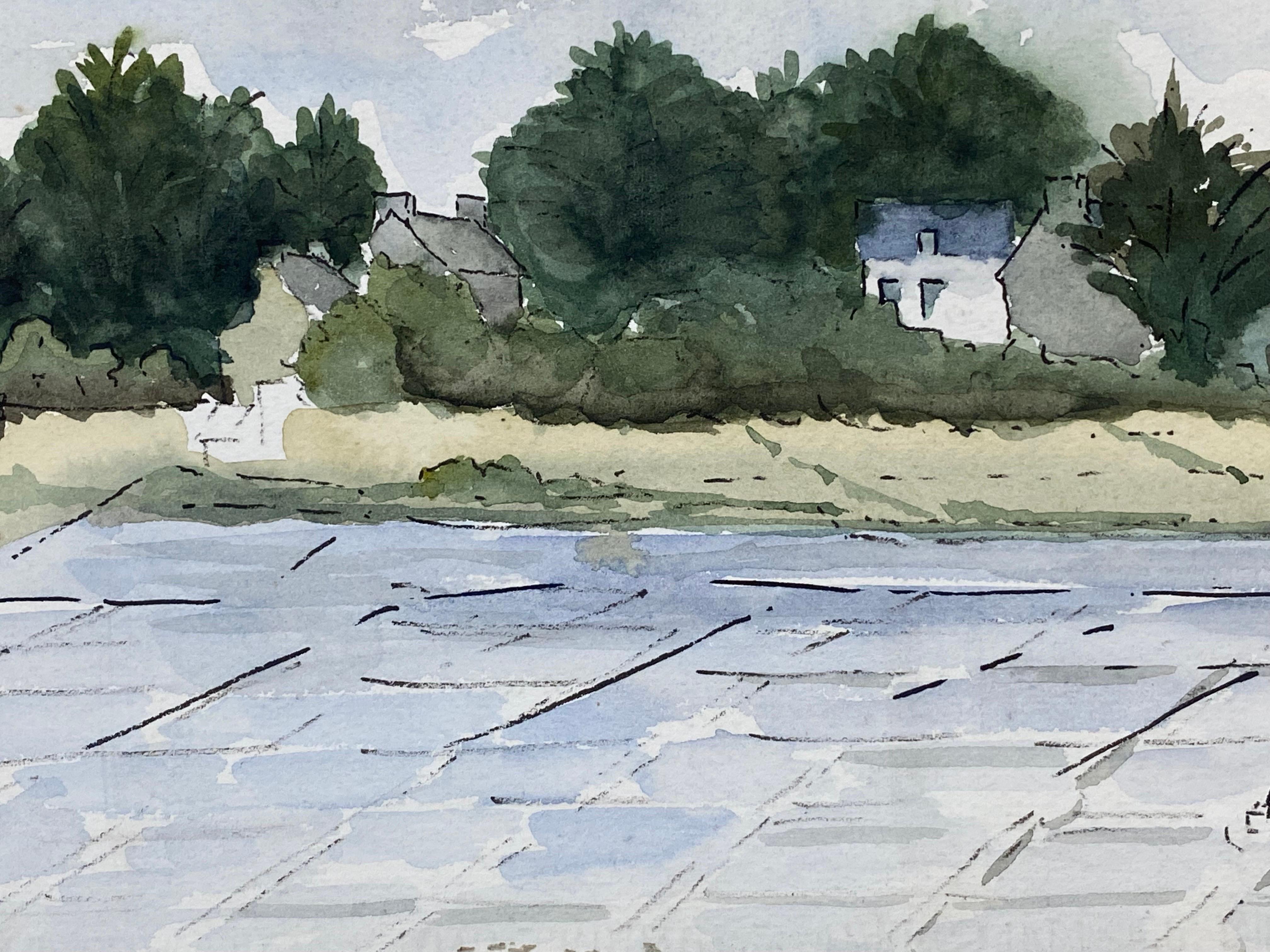 Moderniste / cubiste français des années 1950  Peinture - Paysage paisible en couleurs et en lumière en vente 1