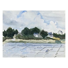 Moderniste / cubiste français des années 1950  Peinture - Paysage paisible en couleurs et en lumière